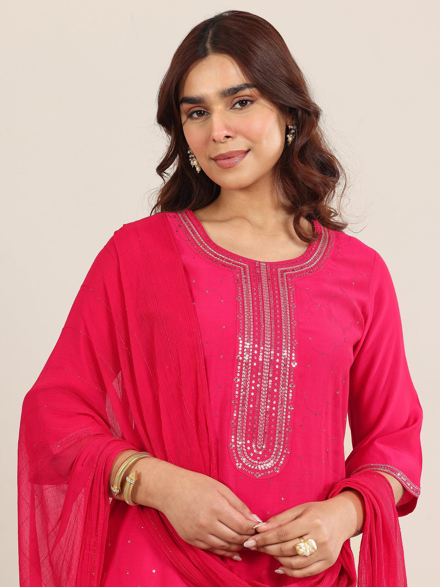 Pink Embellished Silk Blend Straight Suit With Dupatta