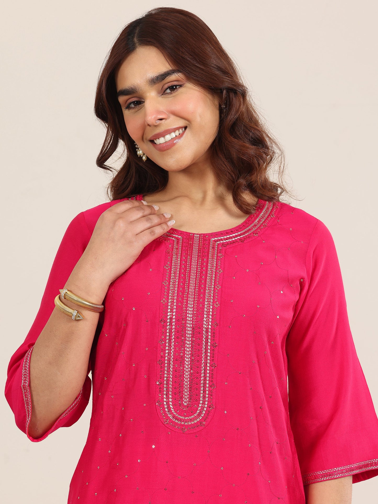 Pink Embellished Silk Blend Straight Suit With Dupatta