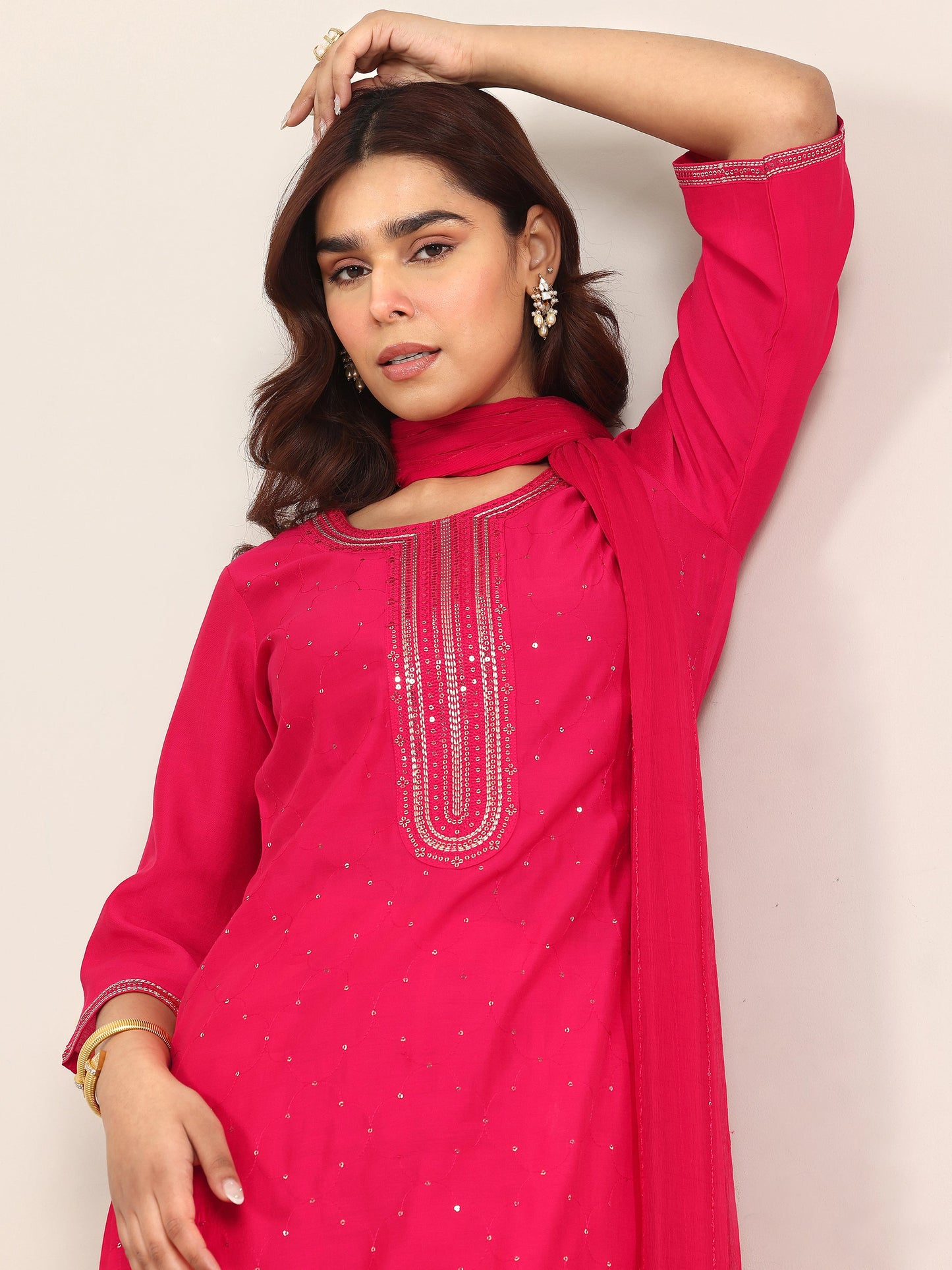 Pink Embellished Silk Blend Straight Suit With Dupatta