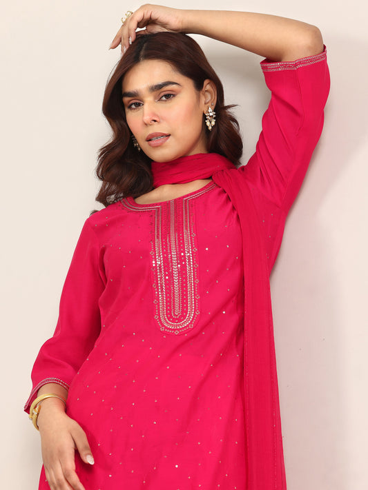 Pink Embellished Silk Blend Straight Suit With Dupatta