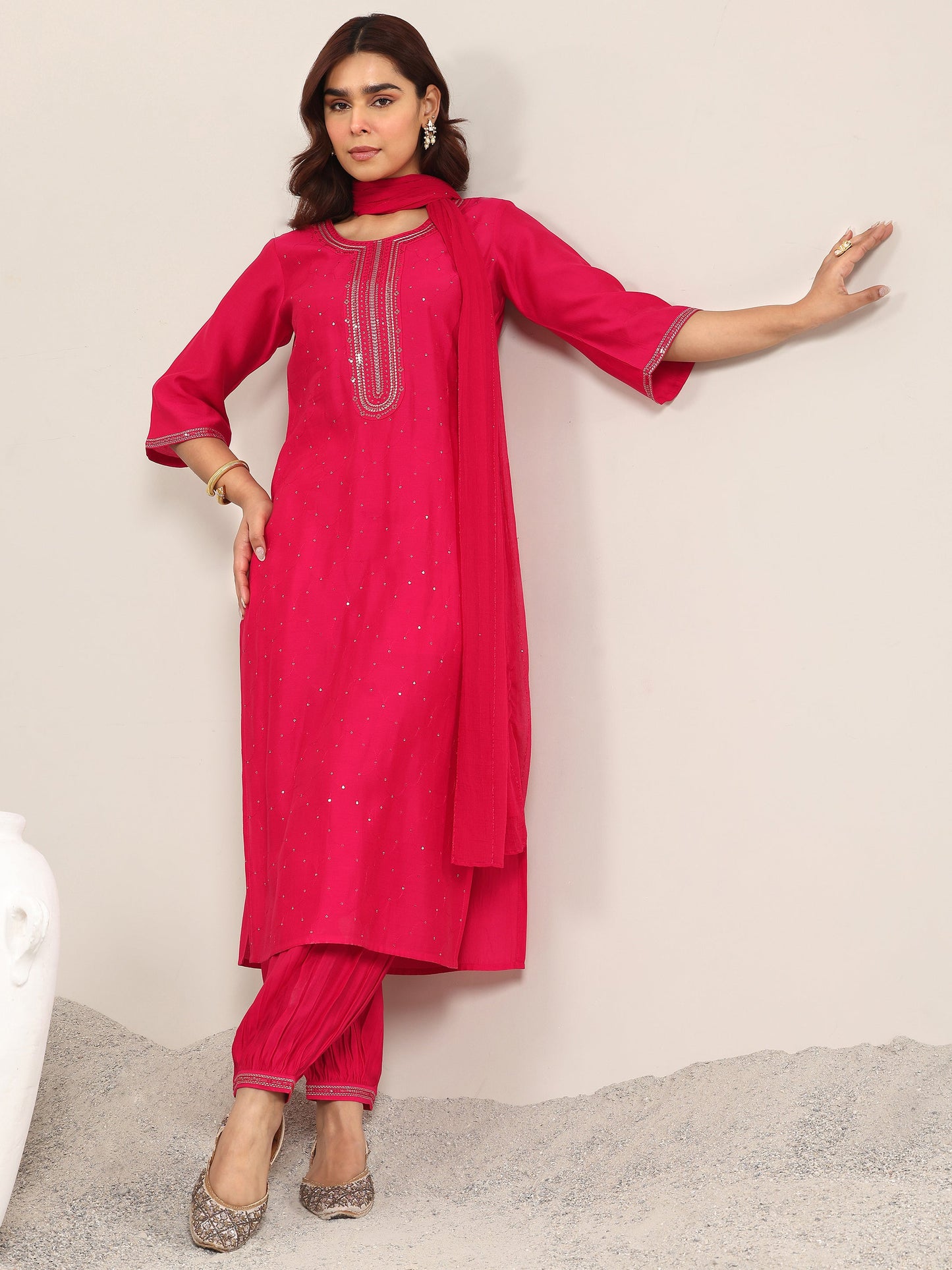 Pink Embellished Silk Blend Straight Suit With Dupatta