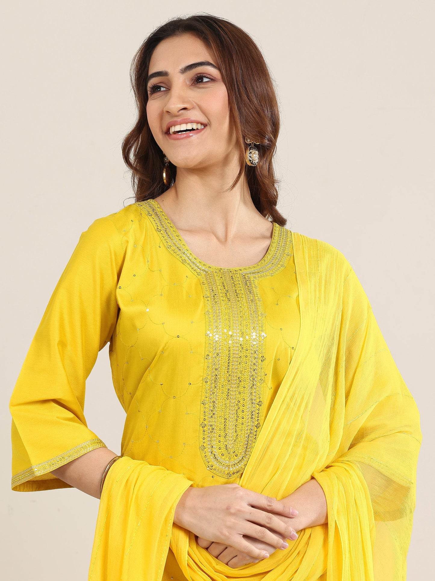 Yellow Embellished Silk Blend Straight Suit With Dupatta