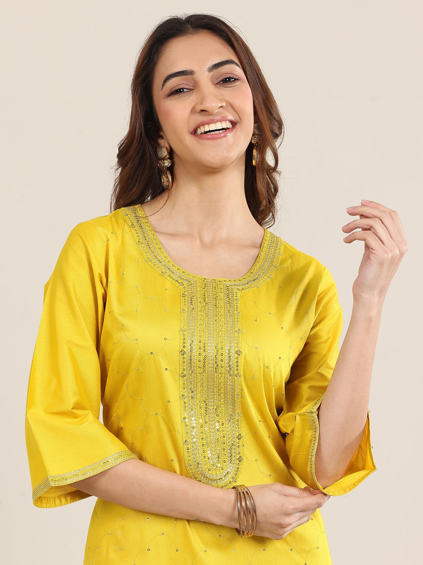 Yellow Embellished Silk Blend Straight Suit With Dupatta