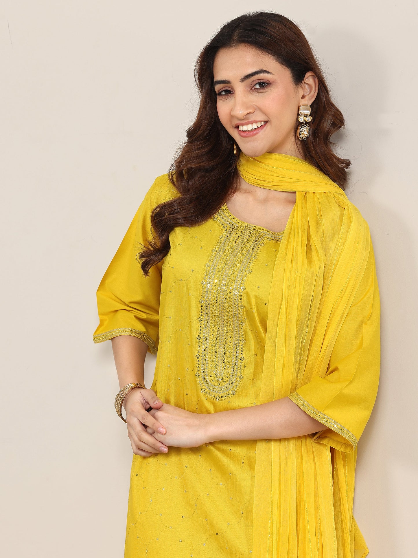 Yellow Embellished Silk Blend Straight Suit With Dupatta