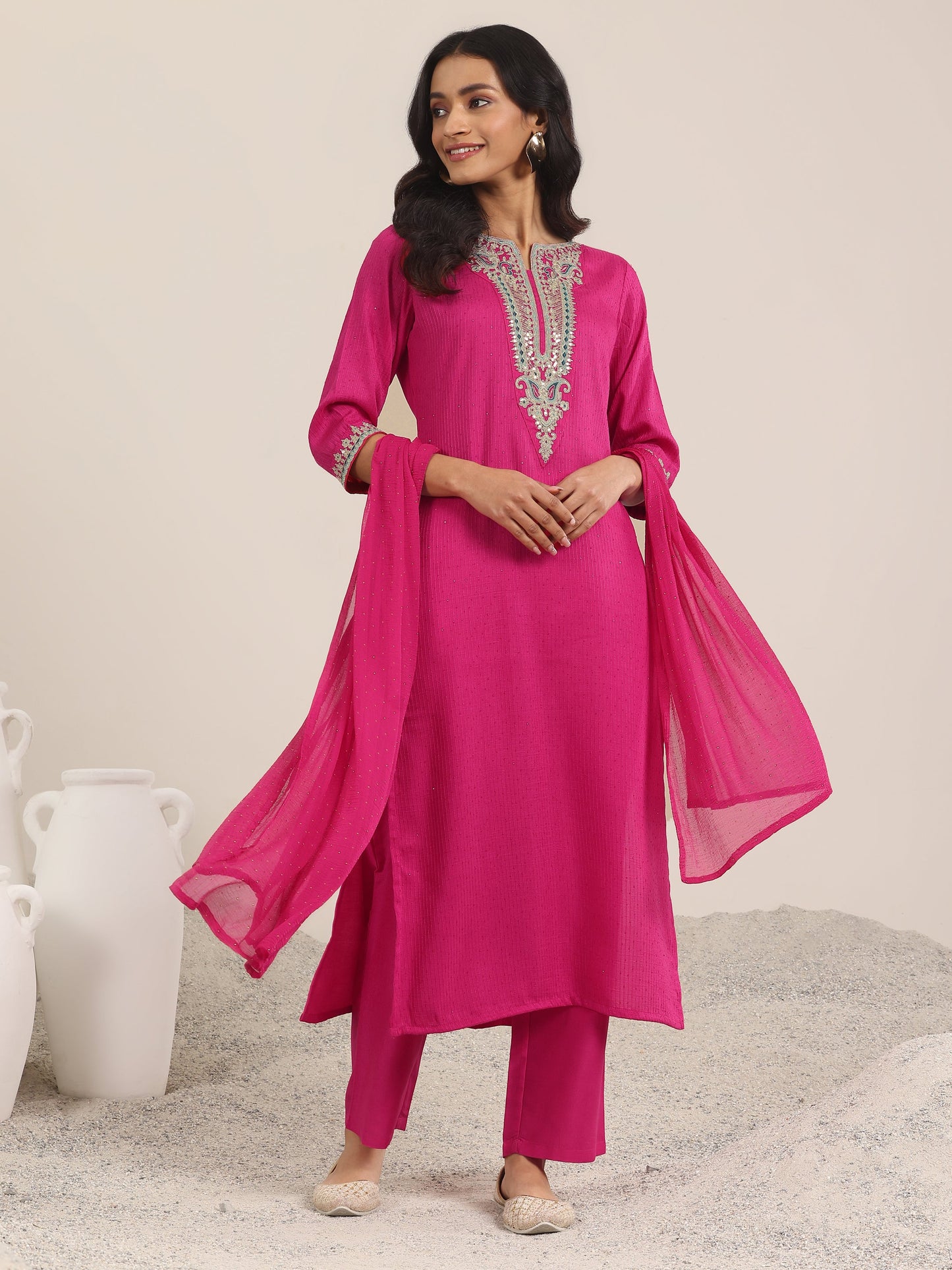 Pink Yoke Deisgn Silk Blend Straight Suit With Dupatta