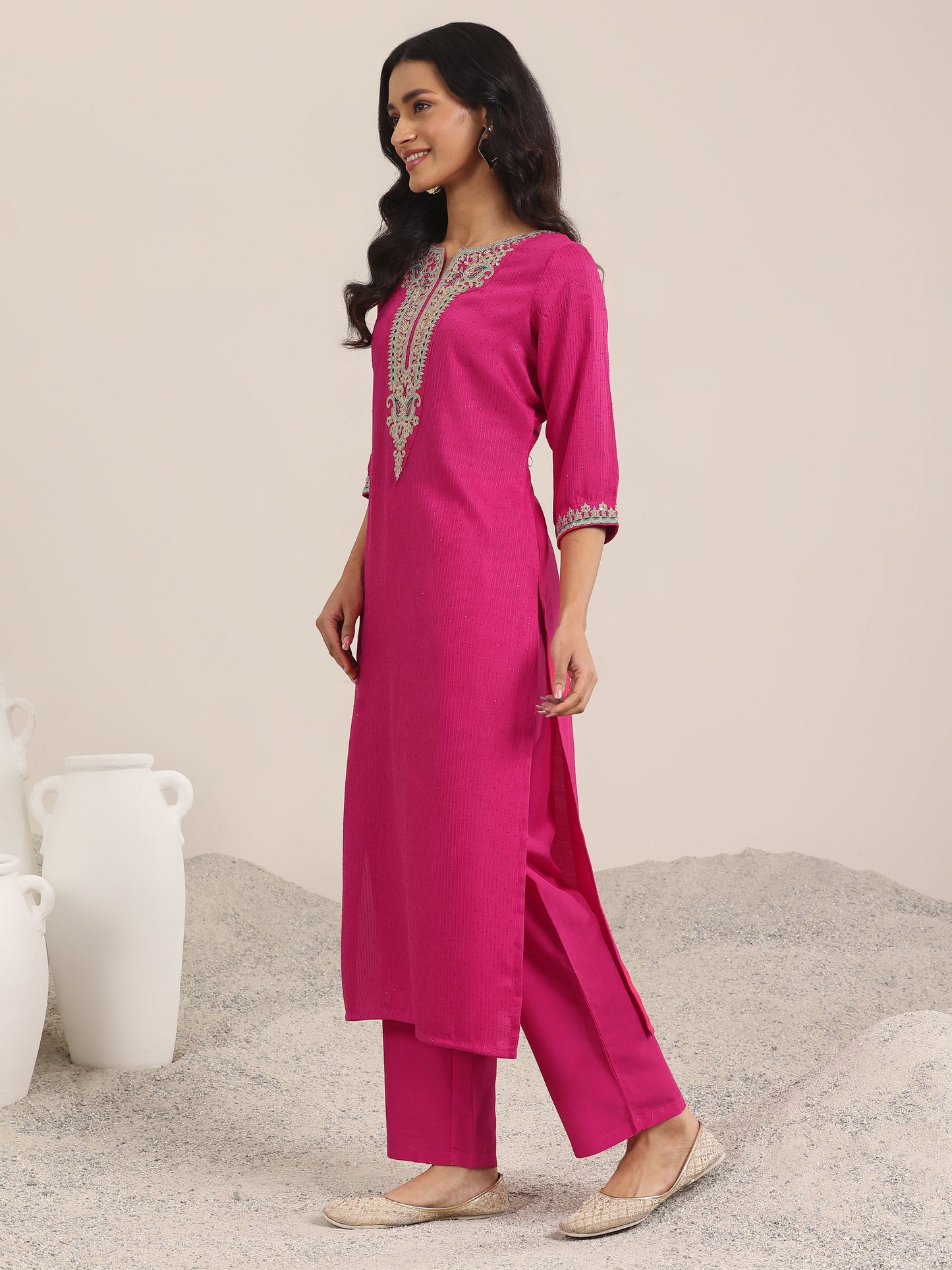 Pink Yoke Deisgn Silk Blend Straight Suit With Dupatta