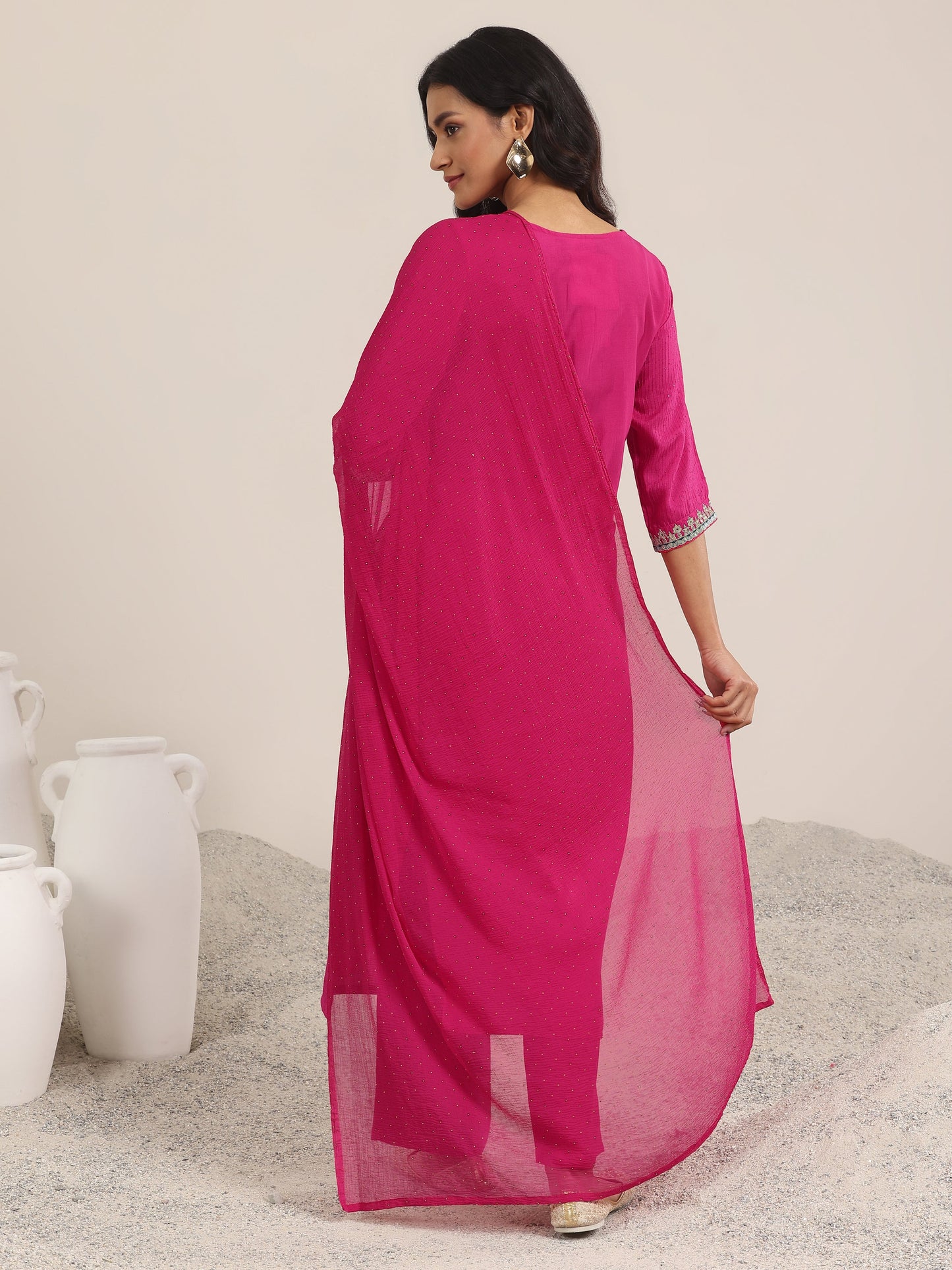 Pink Yoke Deisgn Silk Blend Straight Suit With Dupatta