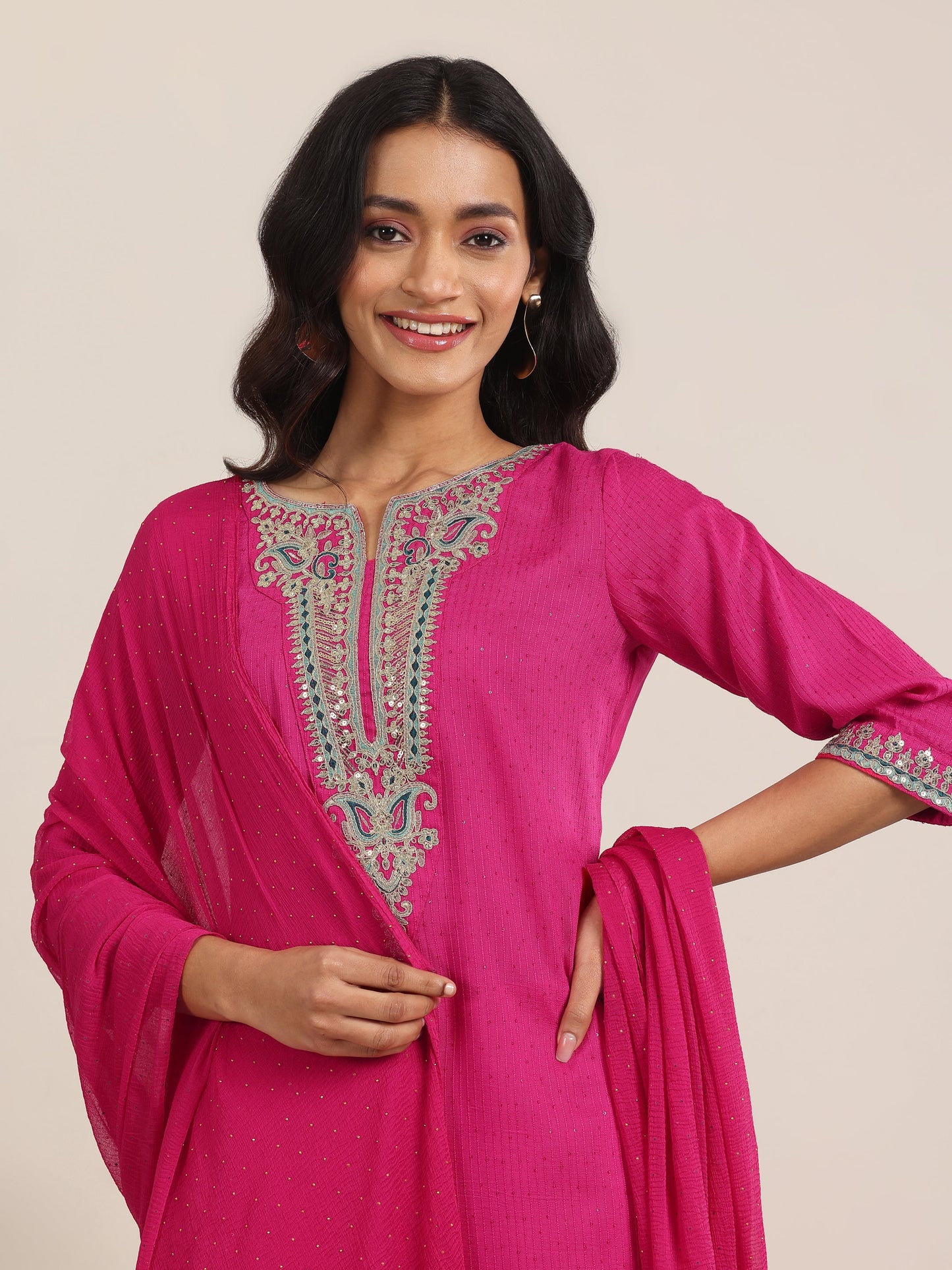 Pink Yoke Deisgn Silk Blend Straight Suit With Dupatta