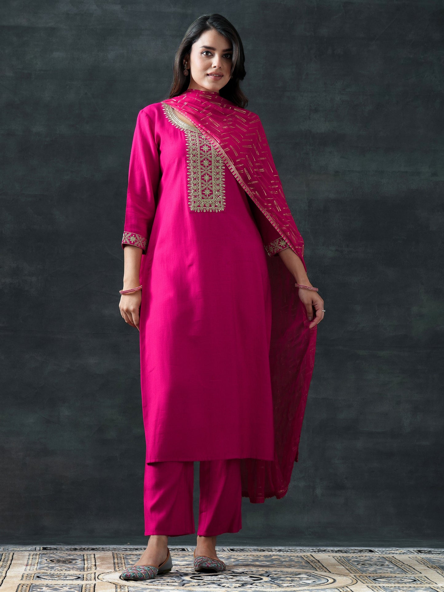 Pink Yoke Design Silk Blend Straight Suit Set With Dupatta