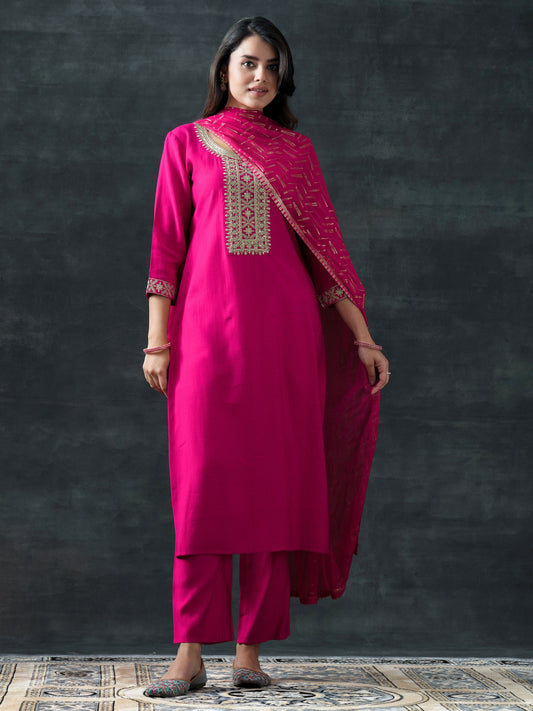 Pink Yoke Design Silk Blend Straight Suit Set With Dupatta