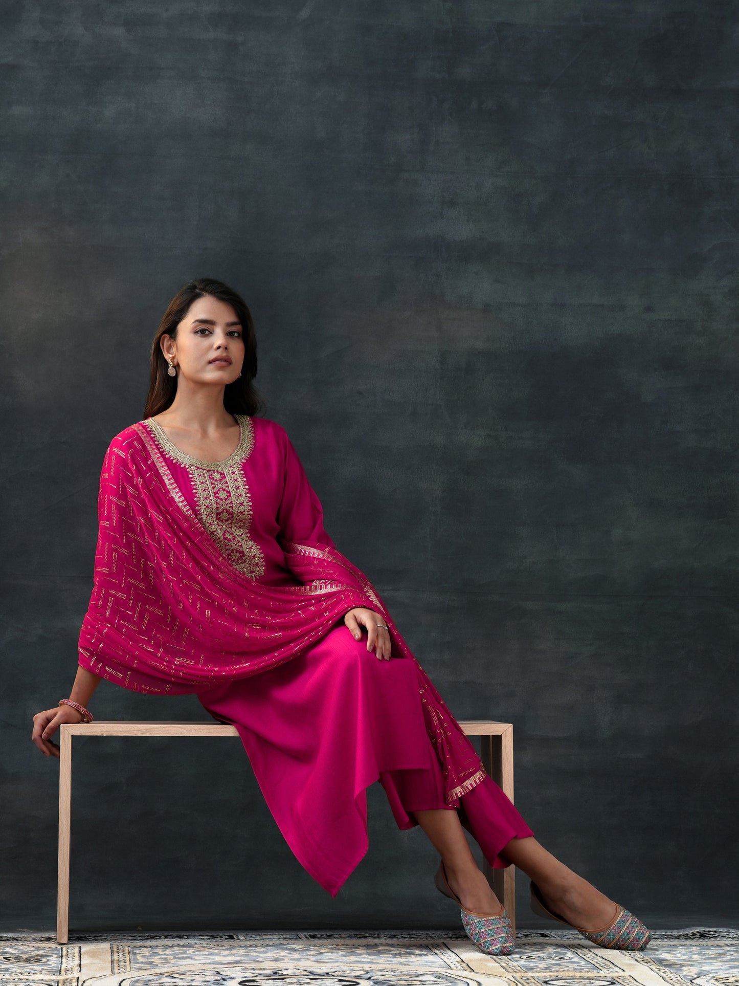 Pink Yoke Design Silk Blend Straight Suit Set With Dupatta