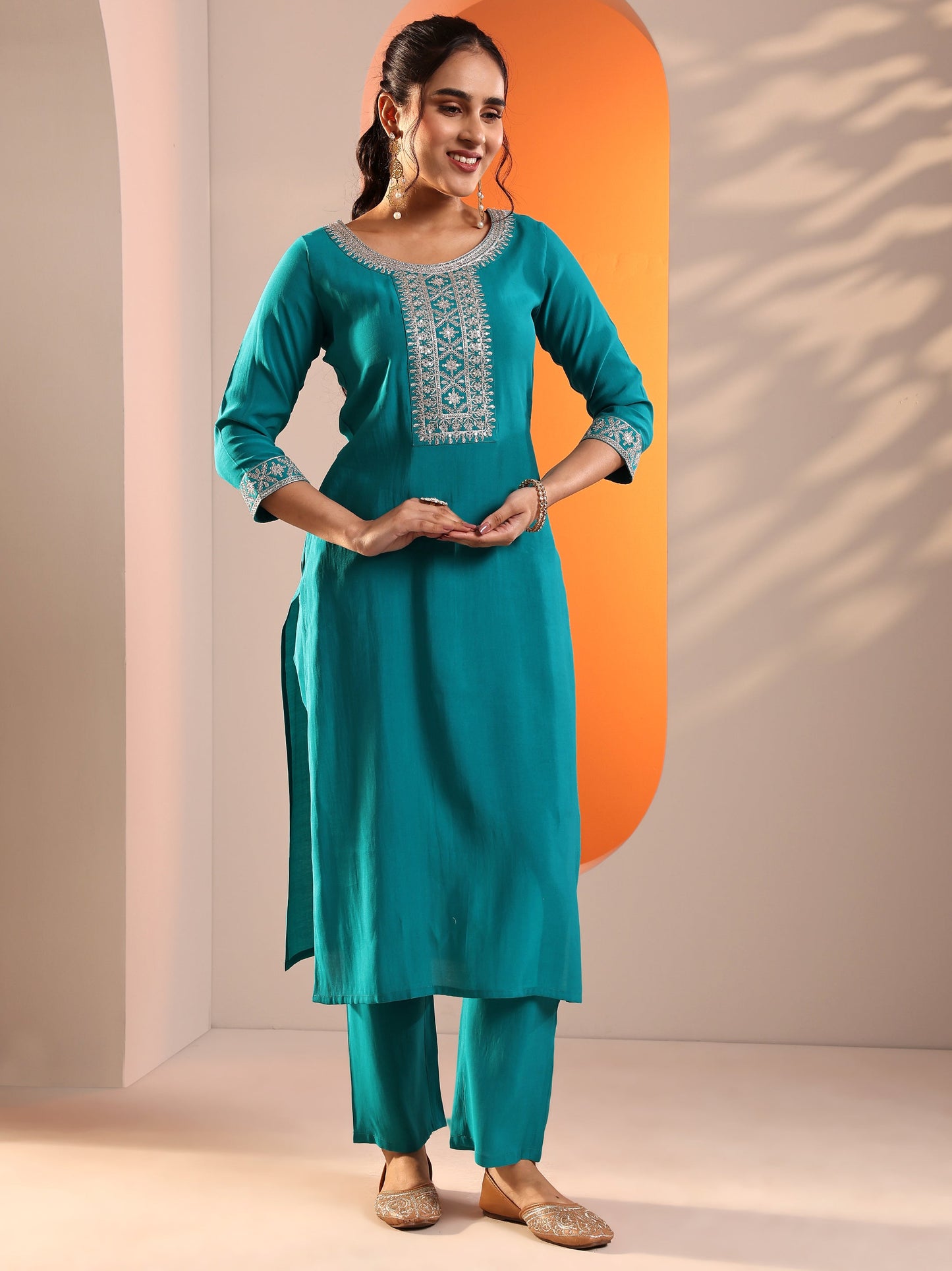 Teal Yoke Design Silk Blend Straight Suit Set With Dupatta