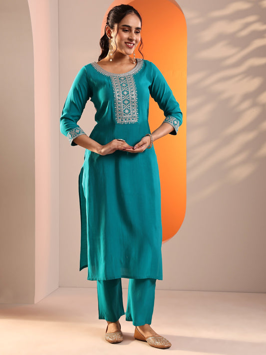 Teal Yoke Design Silk Blend Straight Suit Set With Dupatta
