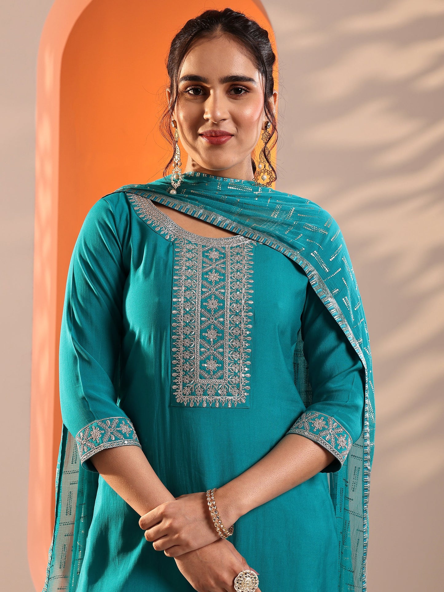 Teal Yoke Design Silk Blend Straight Suit Set With Dupatta