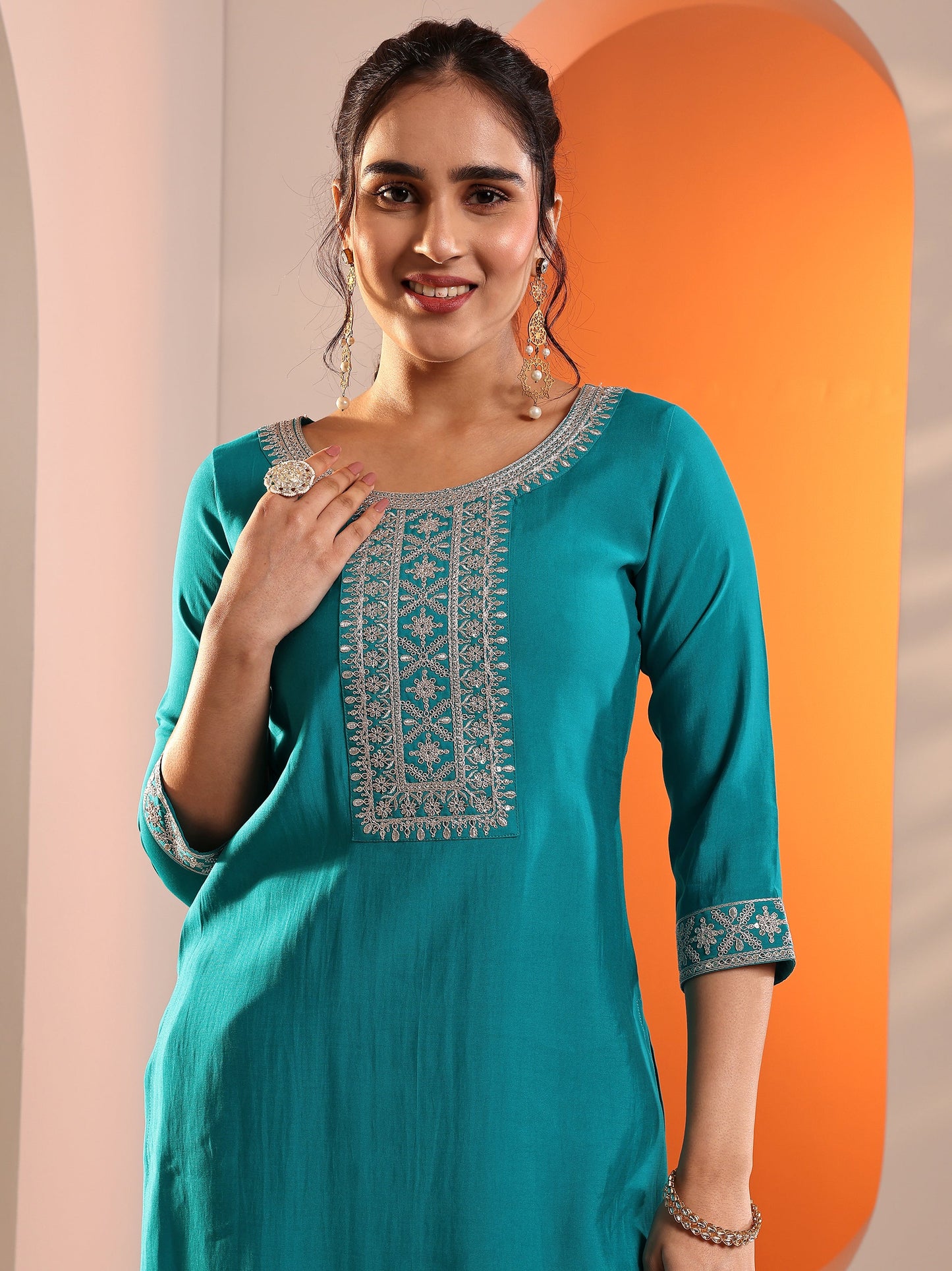 Teal Yoke Design Silk Blend Straight Suit Set With Dupatta