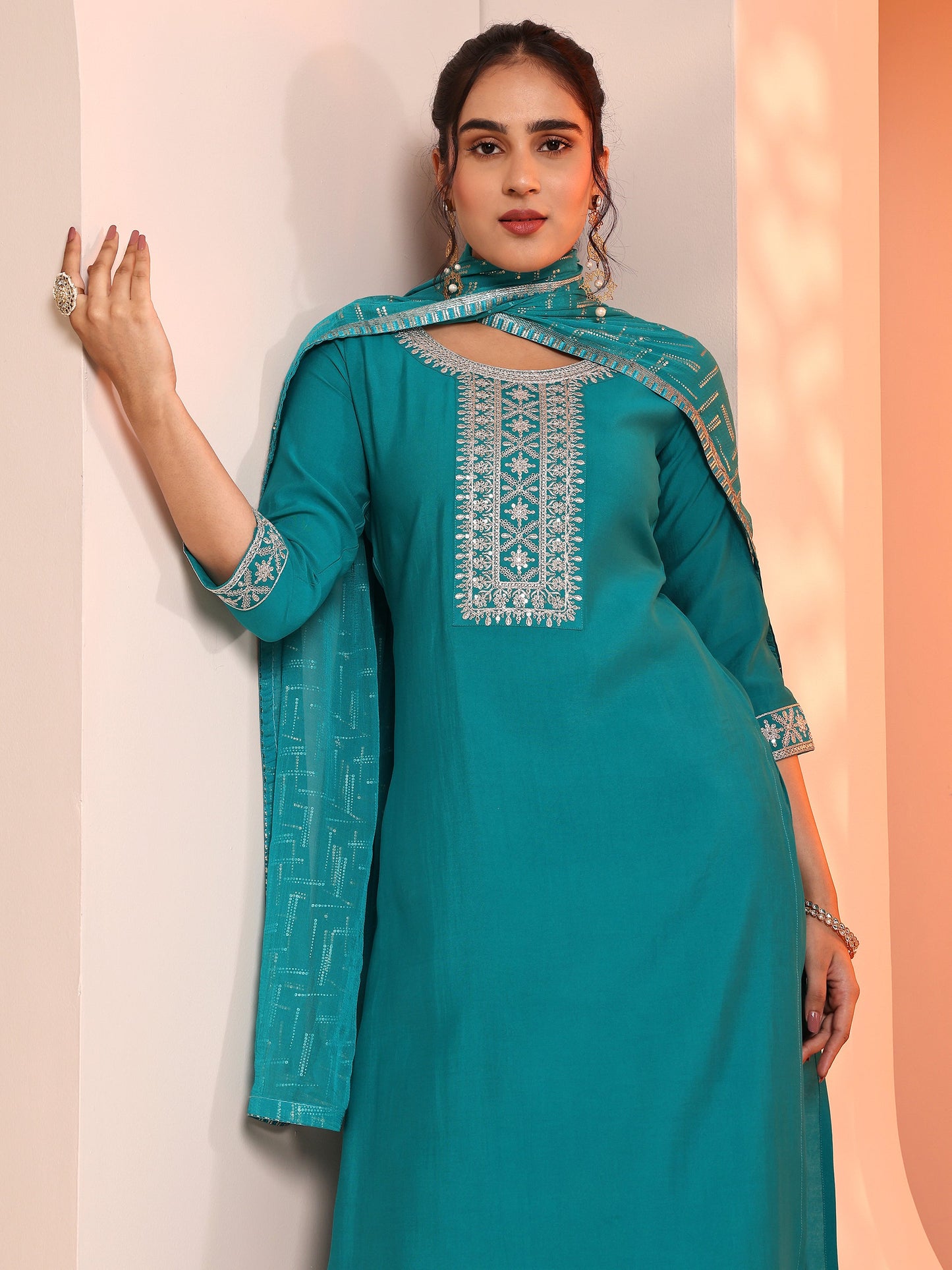 Teal Yoke Design Silk Blend Straight Suit Set With Dupatta