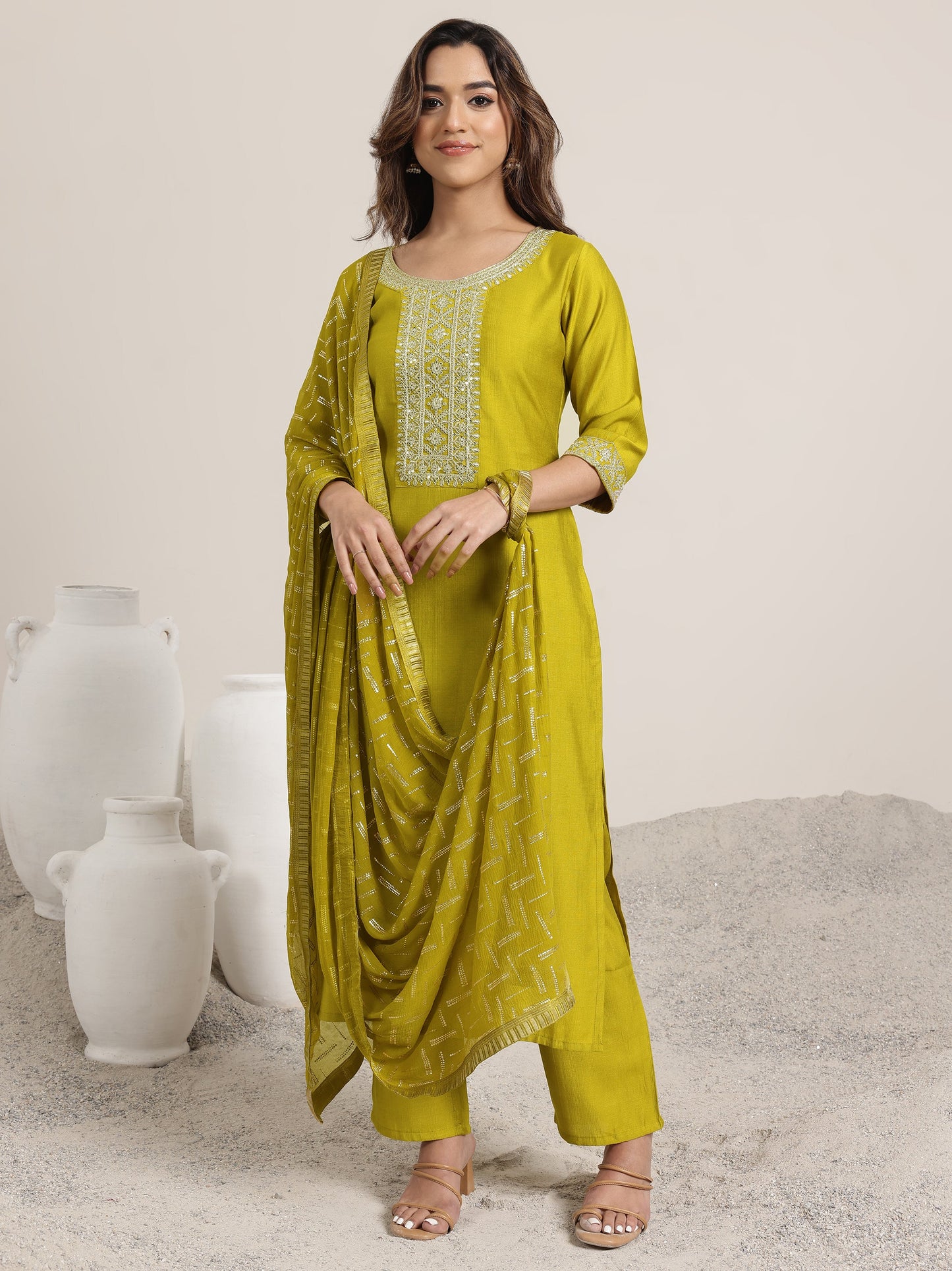 Green Yoke Design Silk Blend Straight Suit Set With Dupatta