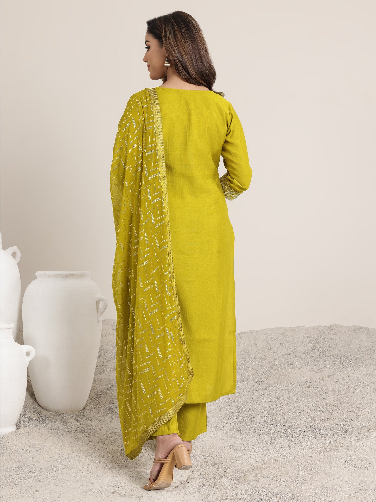 Green Yoke Design Silk Blend Straight Suit Set With Dupatta