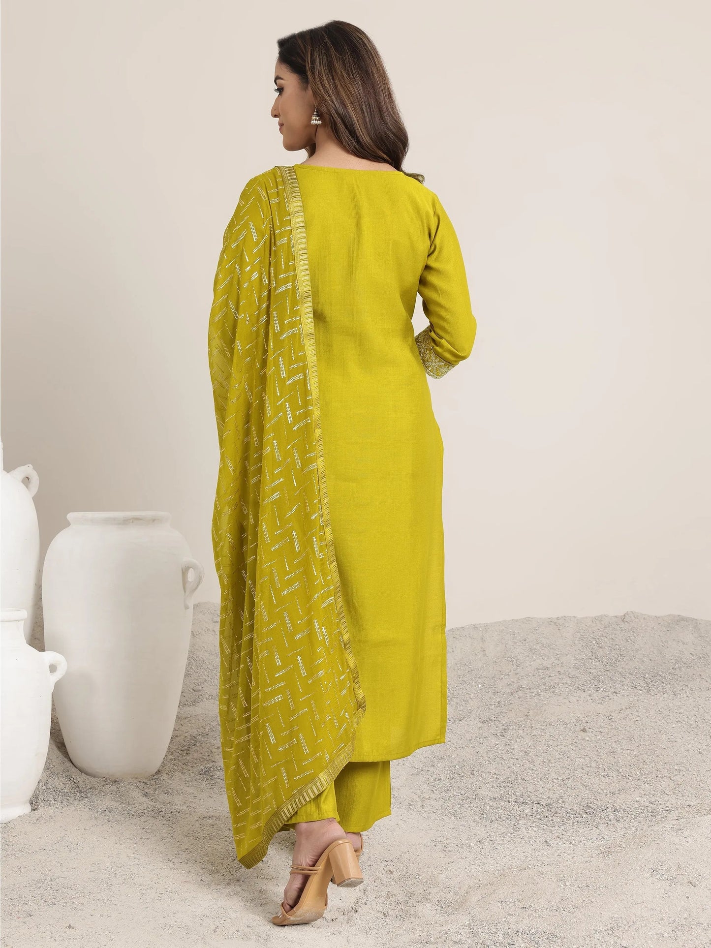 Green Yoke Design Silk Blend Straight Suit Set With Dupatta