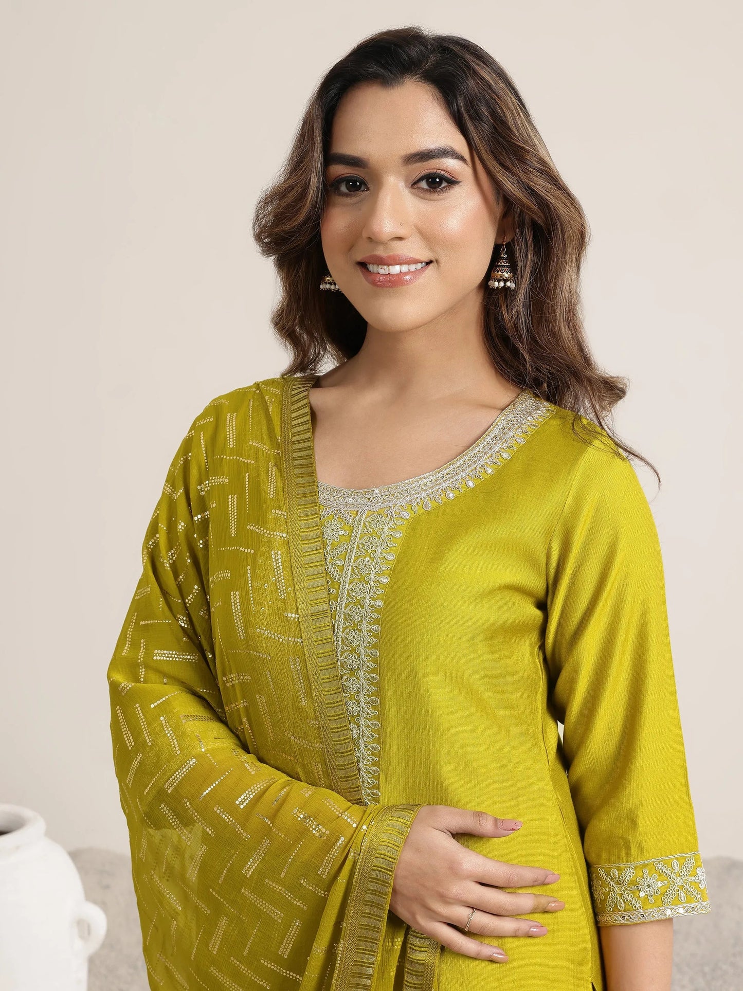 Green Yoke Design Silk Blend Straight Suit Set With Dupatta