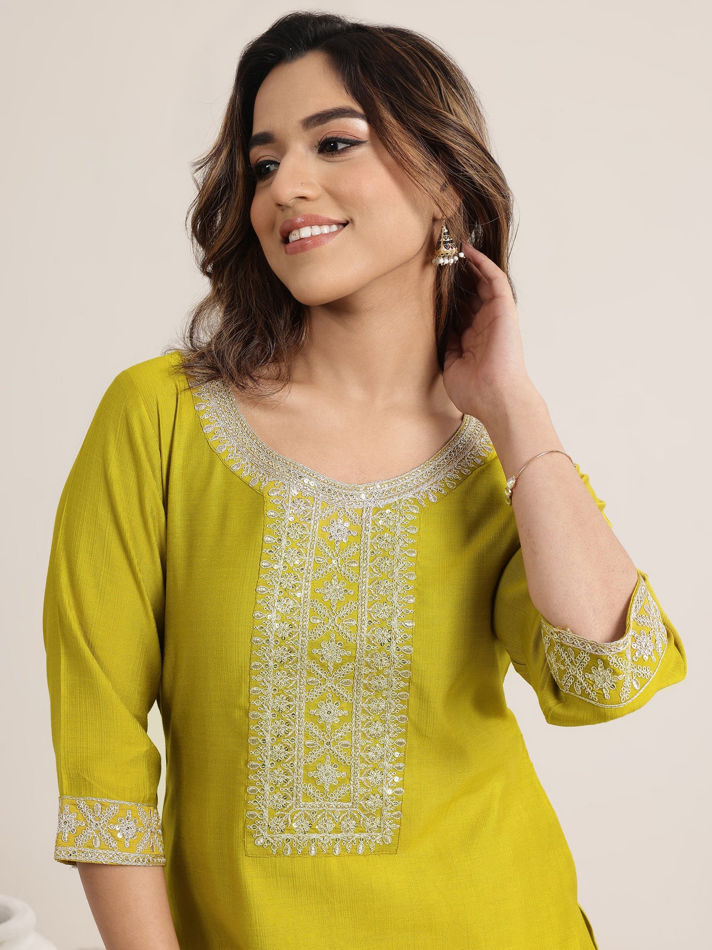 Green Yoke Design Silk Blend Straight Suit Set With Dupatta