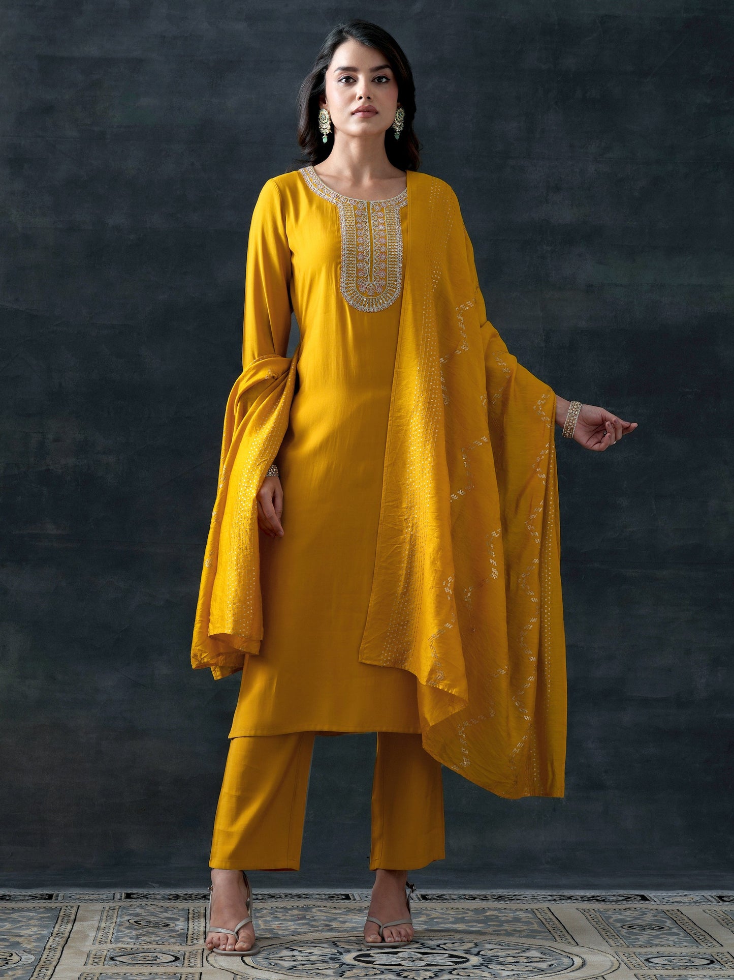 Yellow Yoke Design Silk Blend Straight Suit With Dupatta