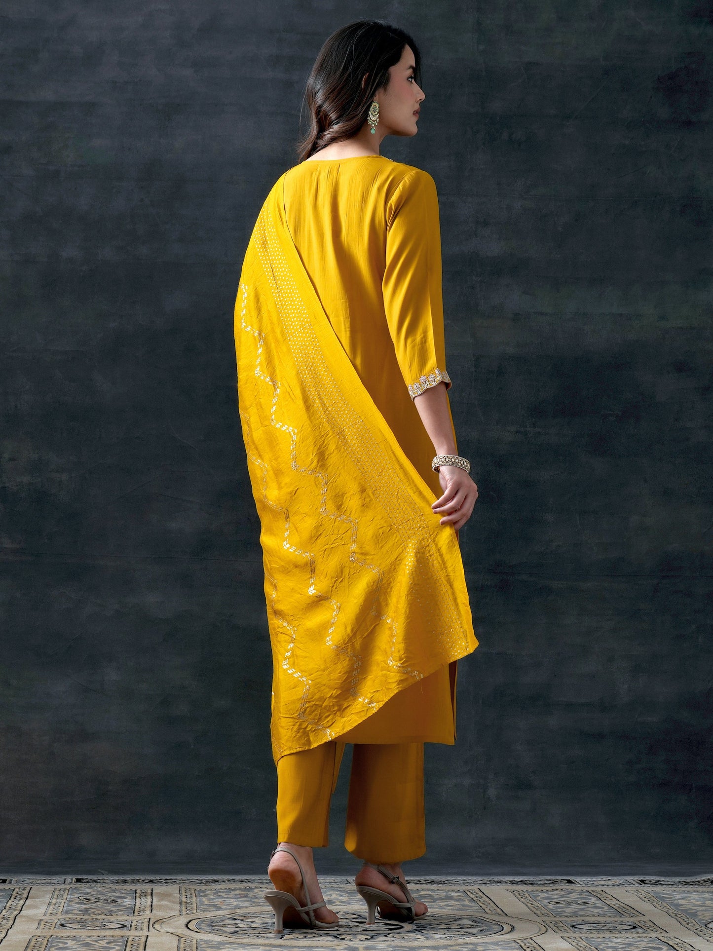 Yellow Yoke Design Silk Blend Straight Suit With Dupatta