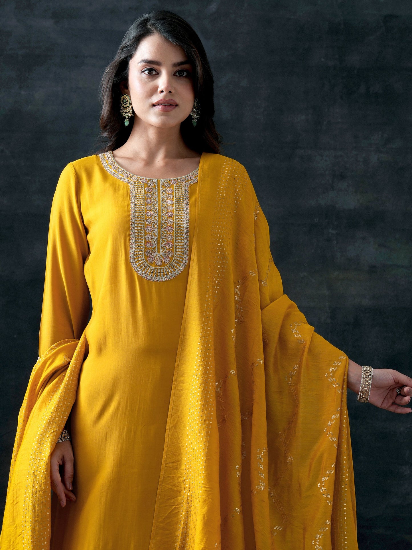 Yellow Yoke Design Silk Blend Straight Suit With Dupatta