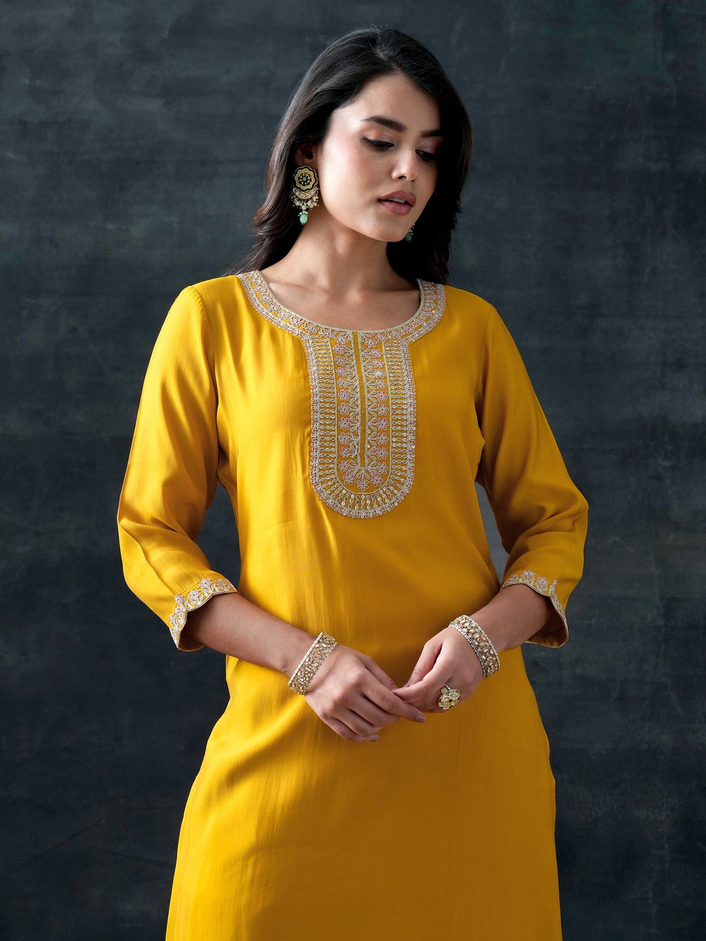 Yellow Yoke Design Silk Blend Straight Suit With Dupatta