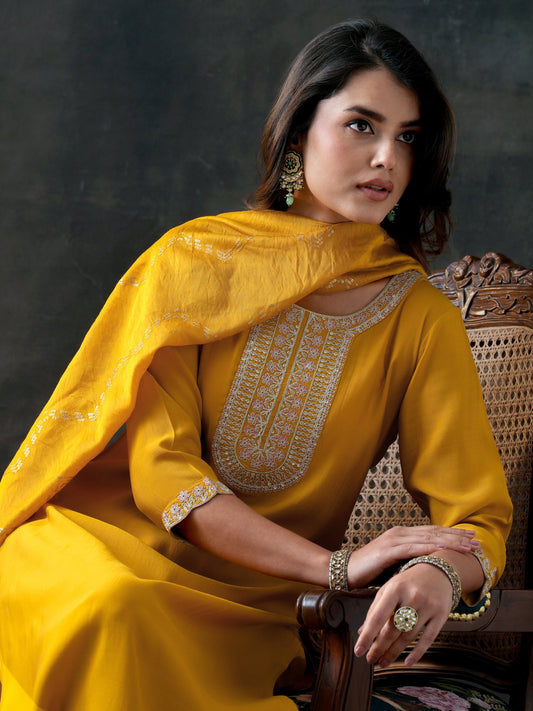 Yellow Yoke Design Silk Blend Straight Suit With Dupatta