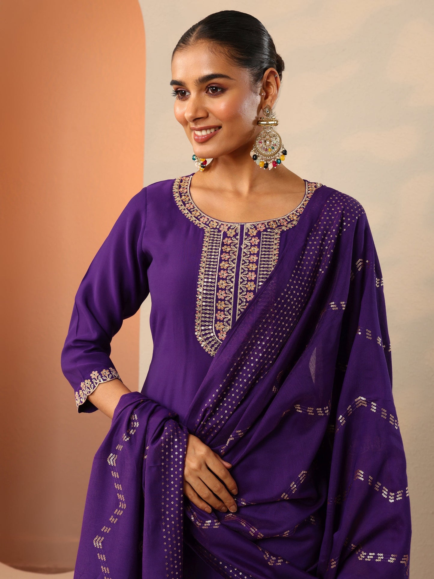 Purple Embroidered Silk Blend Straight Suit Set With Dupatta