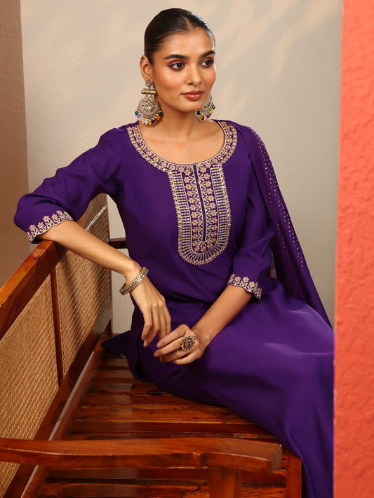 Purple Embroidered Silk Blend Straight Suit Set With Dupatta
