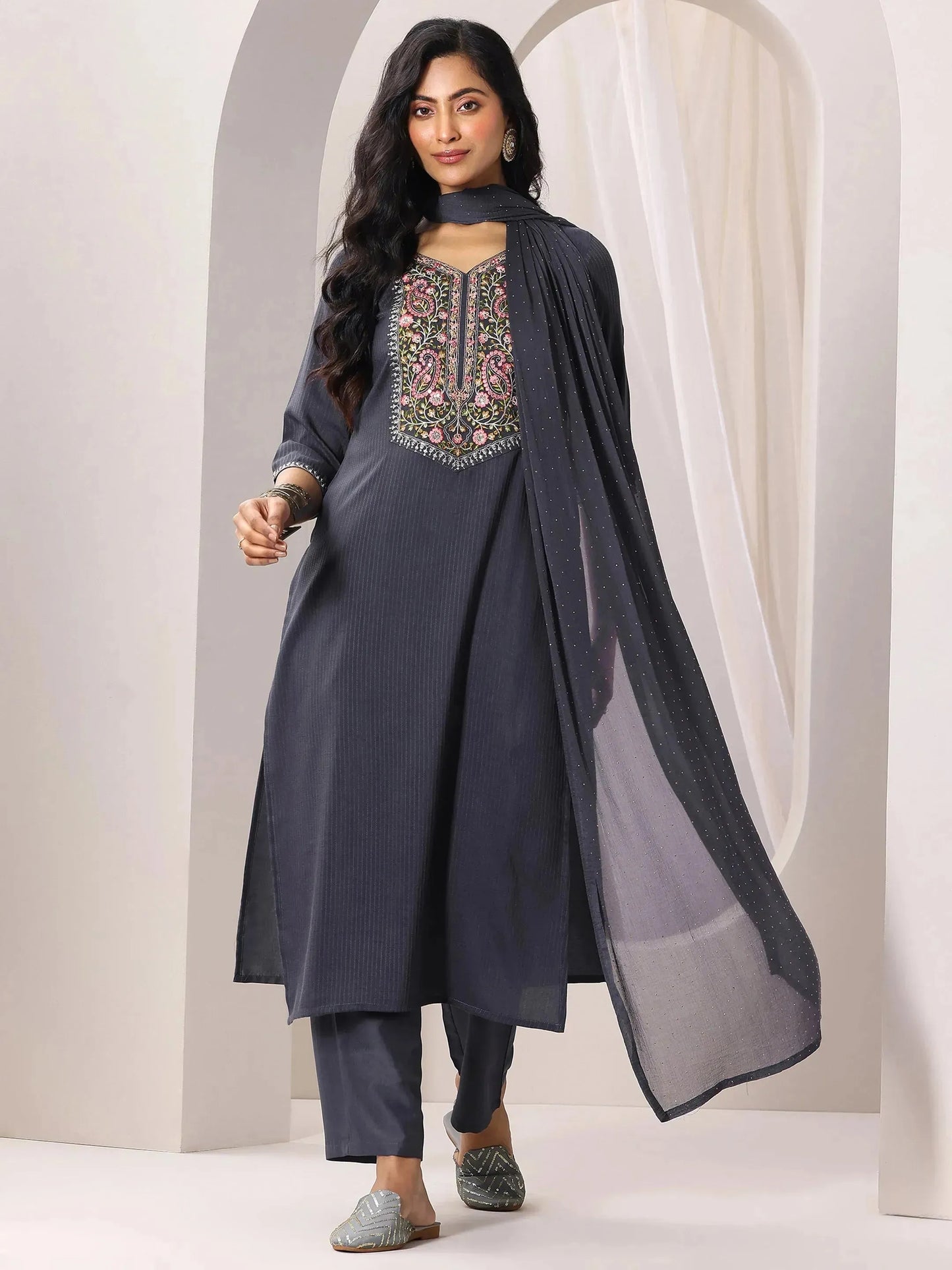 Grey Yoke Design Silk Blend Straight Suit Set With Dupatta