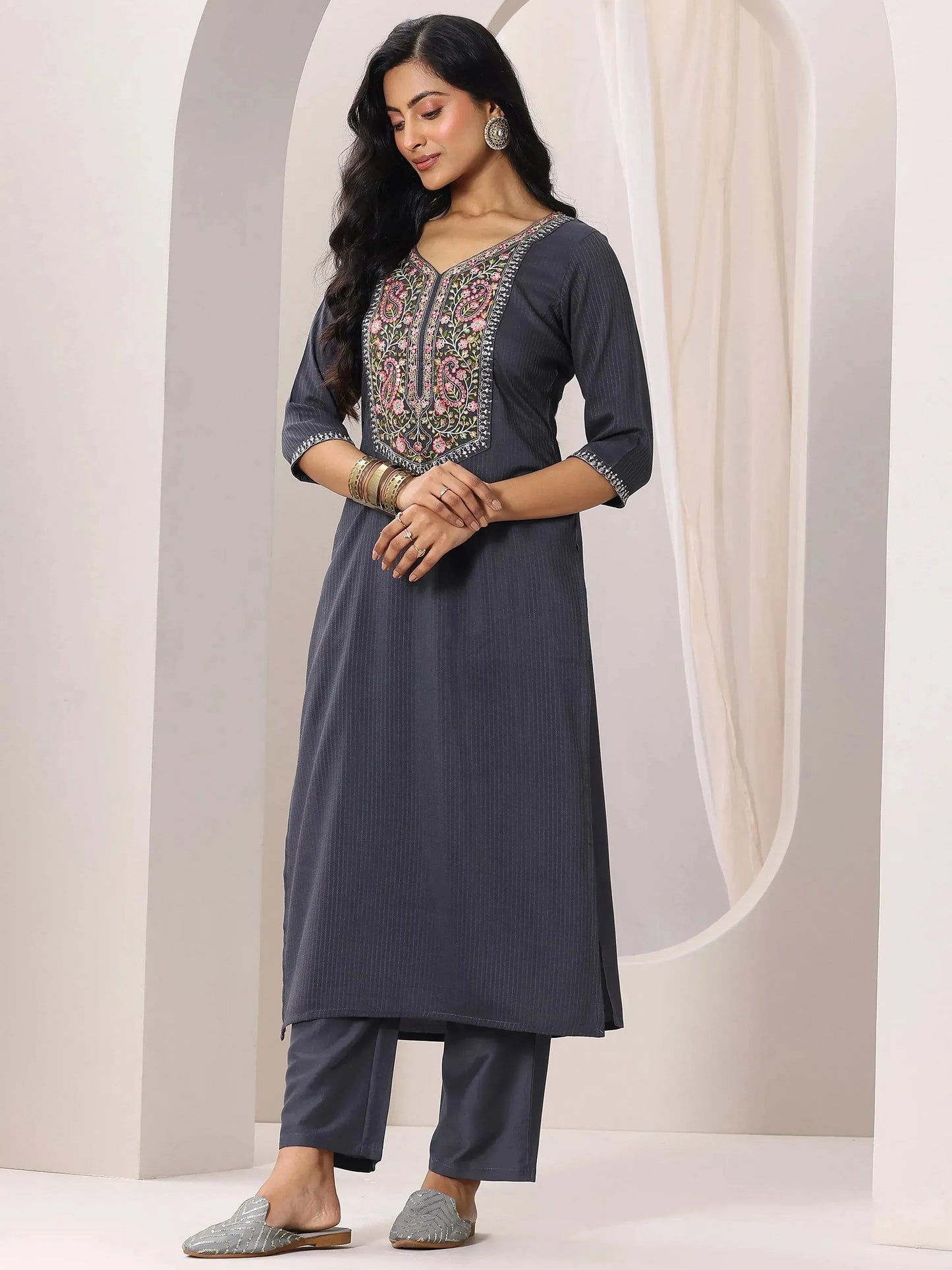 Grey Yoke Design Silk Blend Straight Suit Set With Dupatta