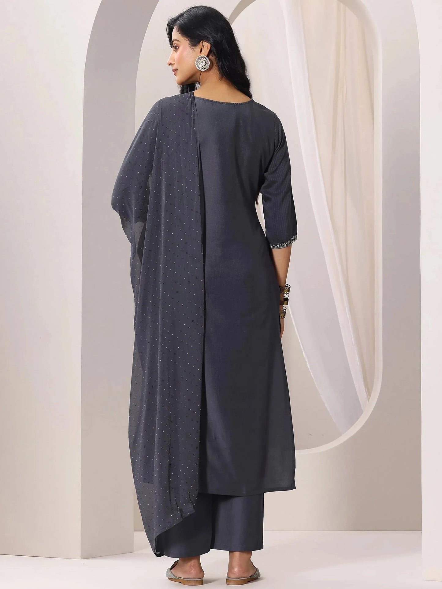 Grey Yoke Design Silk Blend Straight Suit Set With Dupatta