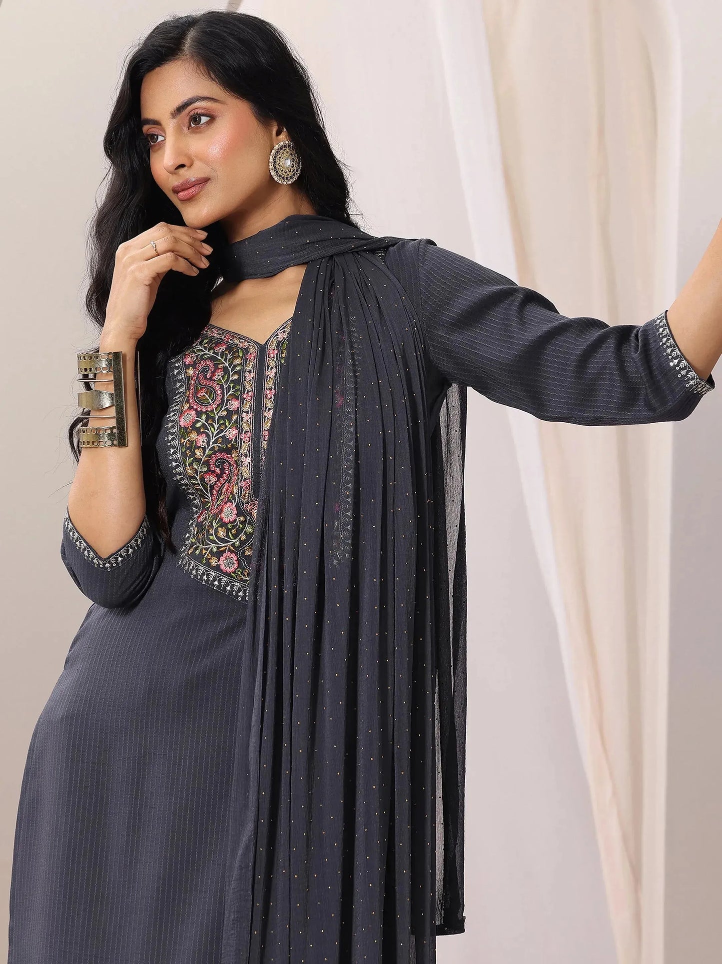 Grey Yoke Design Silk Blend Straight Suit Set With Dupatta