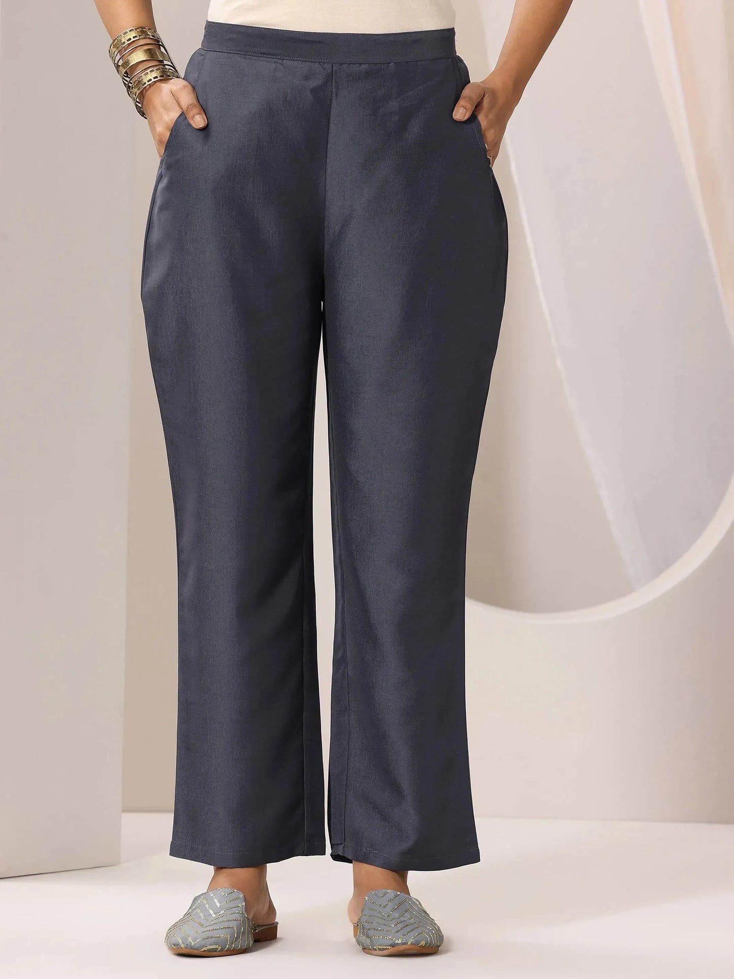 Grey Yoke Design Silk Blend Straight Suit Set With Dupatta