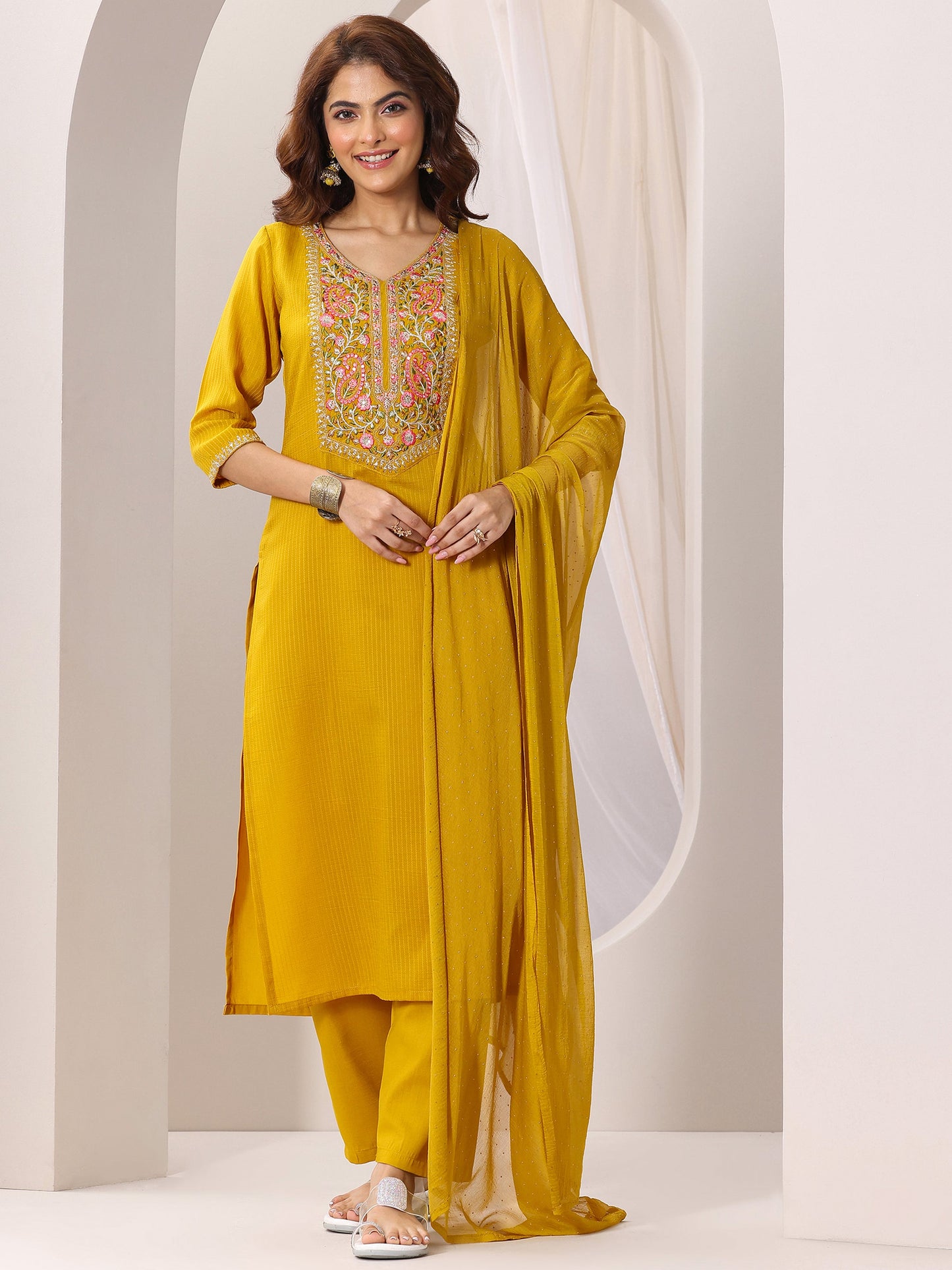 Yellow Yoke Design Silk Blend Straight Suit Set With Dupatta
