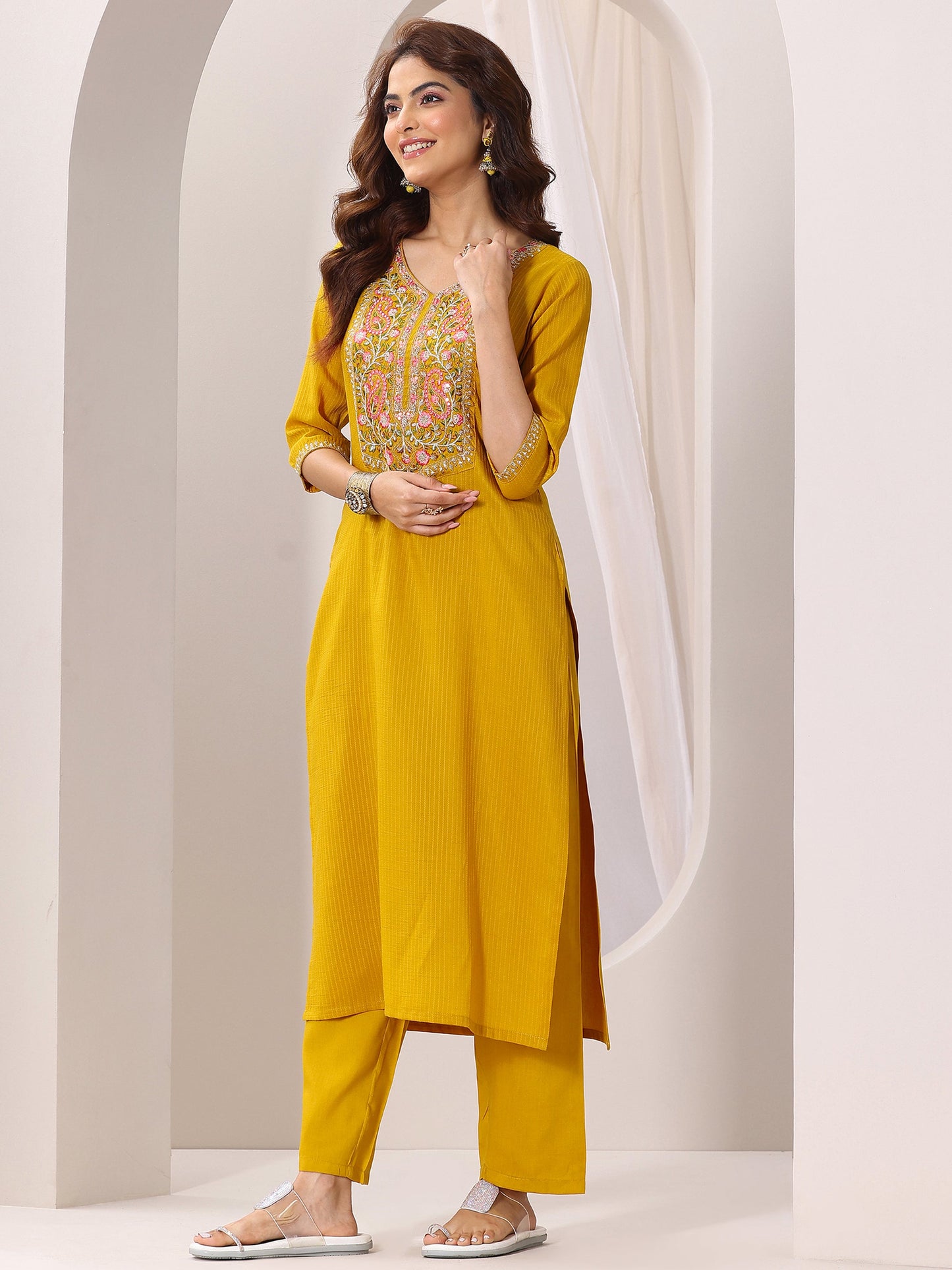 Yellow Yoke Design Silk Blend Straight Suit Set With Dupatta