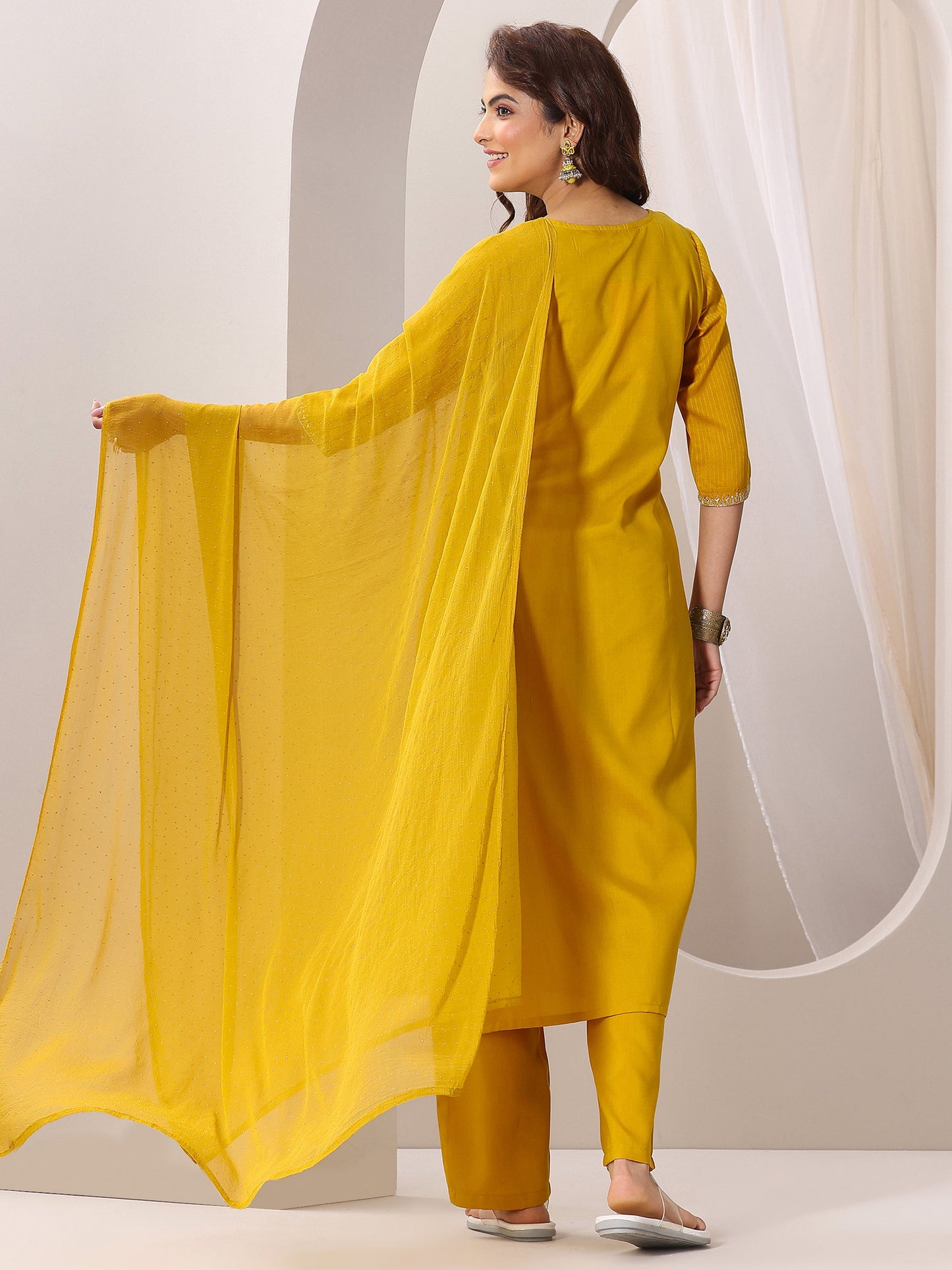 Yellow Yoke Design Silk Blend Straight Suit Set With Dupatta