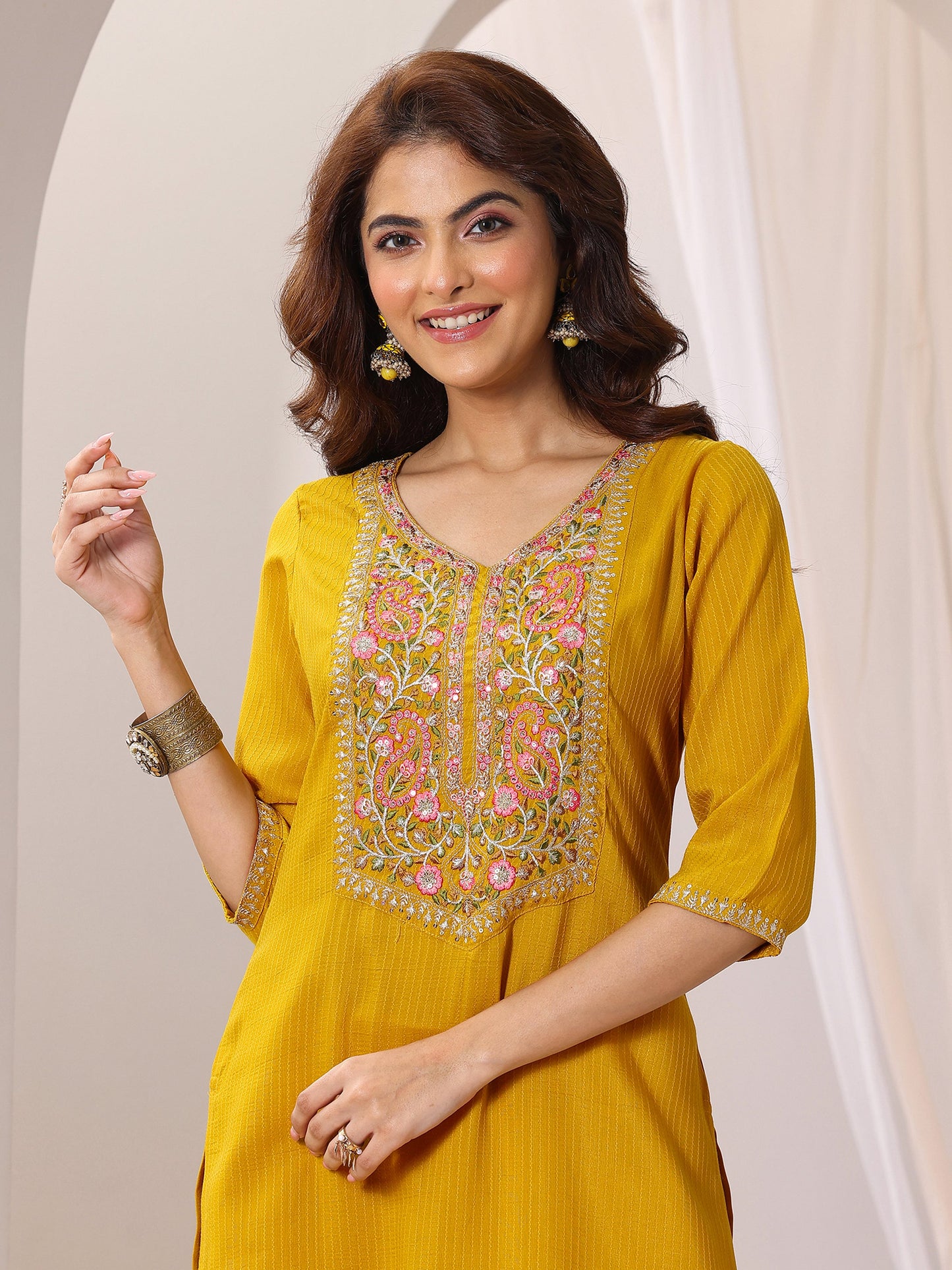 Yellow Yoke Design Silk Blend Straight Suit Set With Dupatta