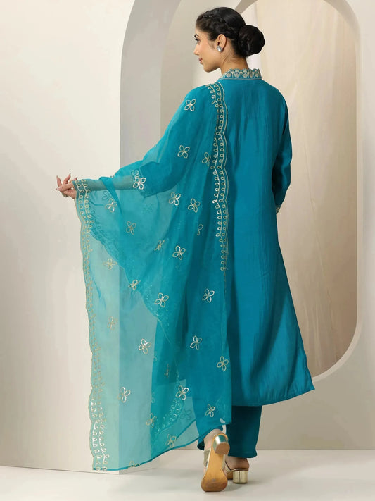 Turquoise Yoke Design Silk Blend Straight Suit Set With Dupatta