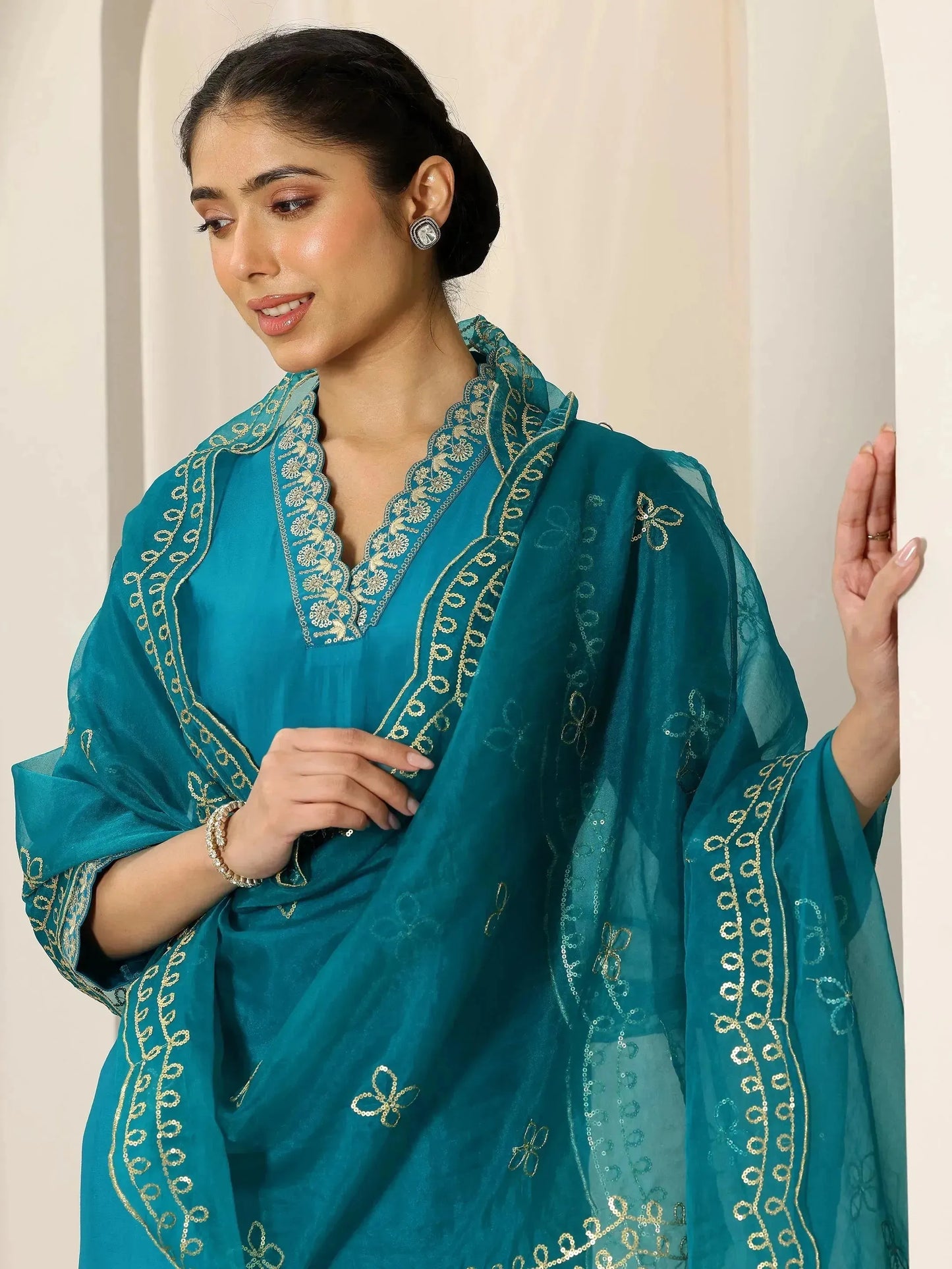 Turquoise Yoke Design Silk Blend Straight Suit Set With Dupatta
