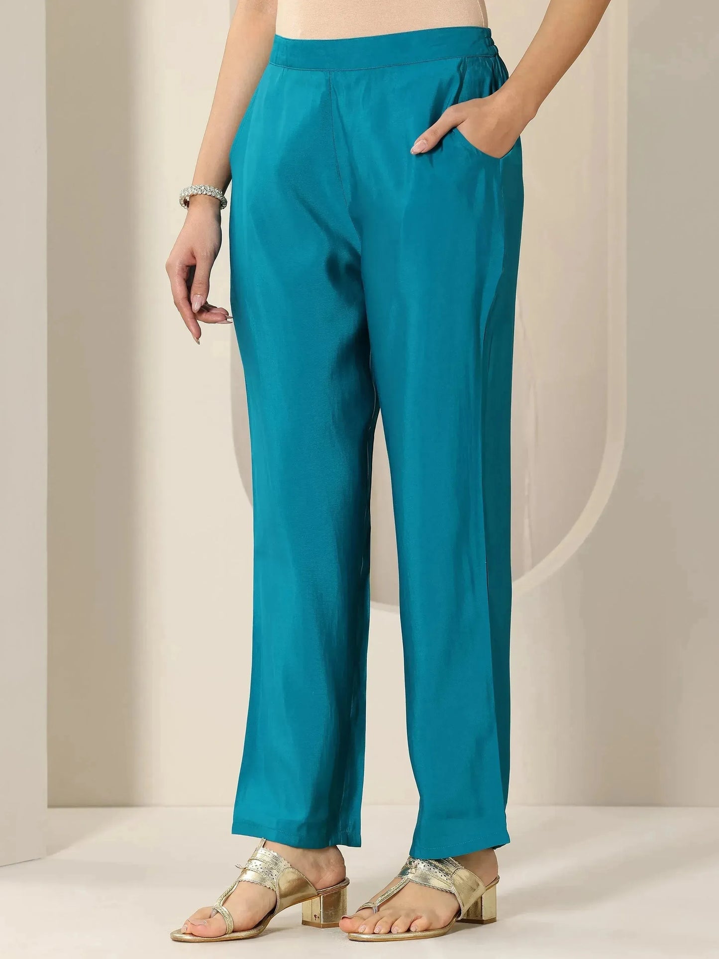 Turquoise Yoke Design Silk Blend Straight Suit Set With Dupatta