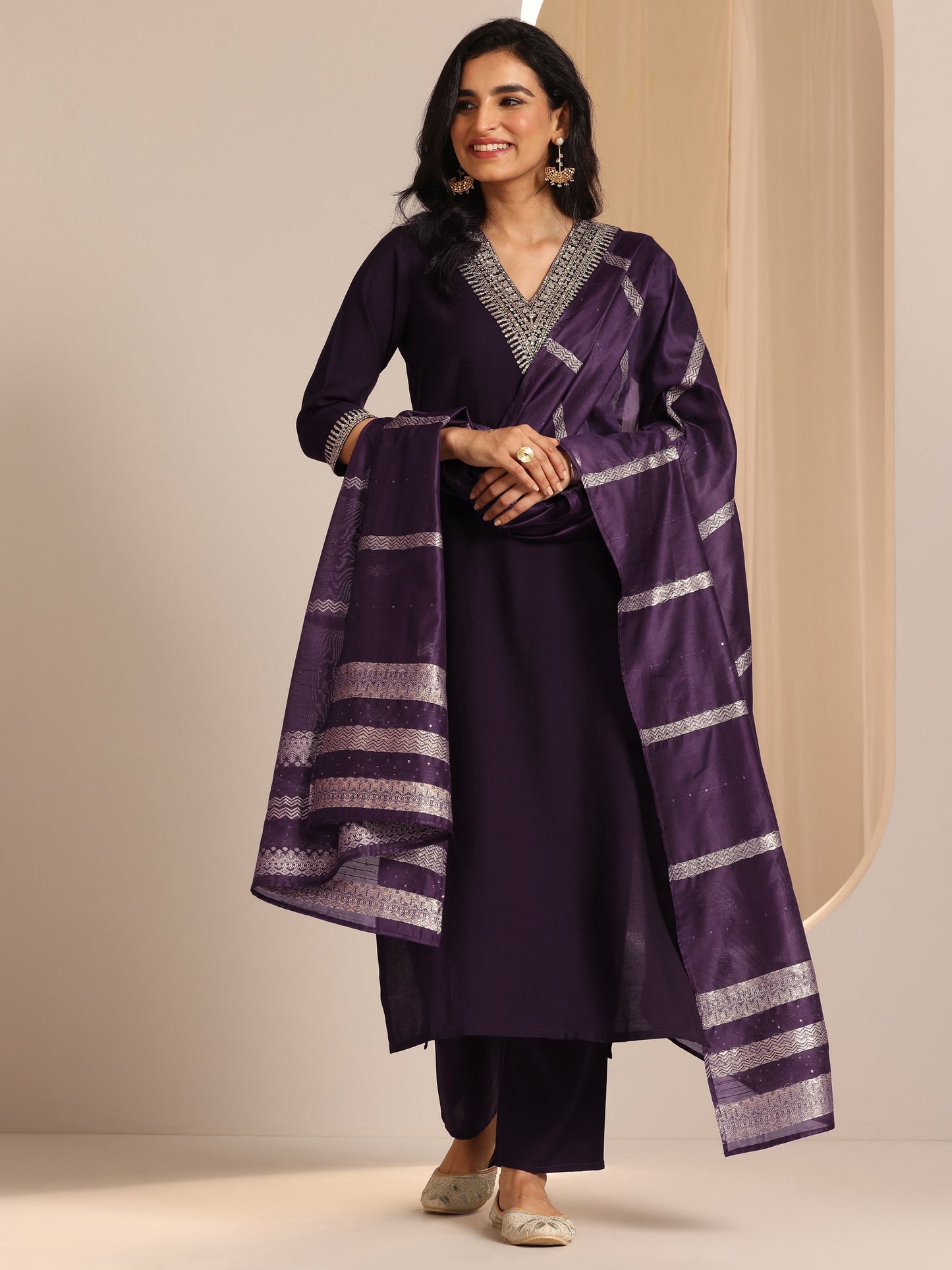 Burgundy Yoke Design Silk Blend Straight Suit Set With Dupatta