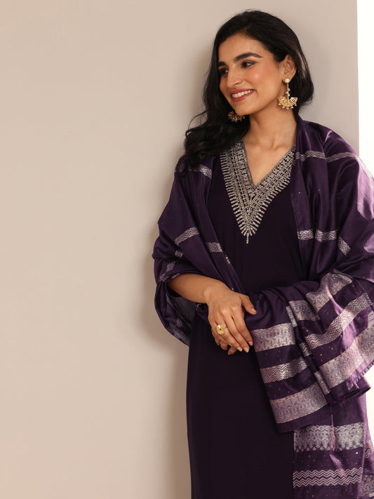 Burgundy Yoke Design Silk Blend Straight Suit Set With Dupatta