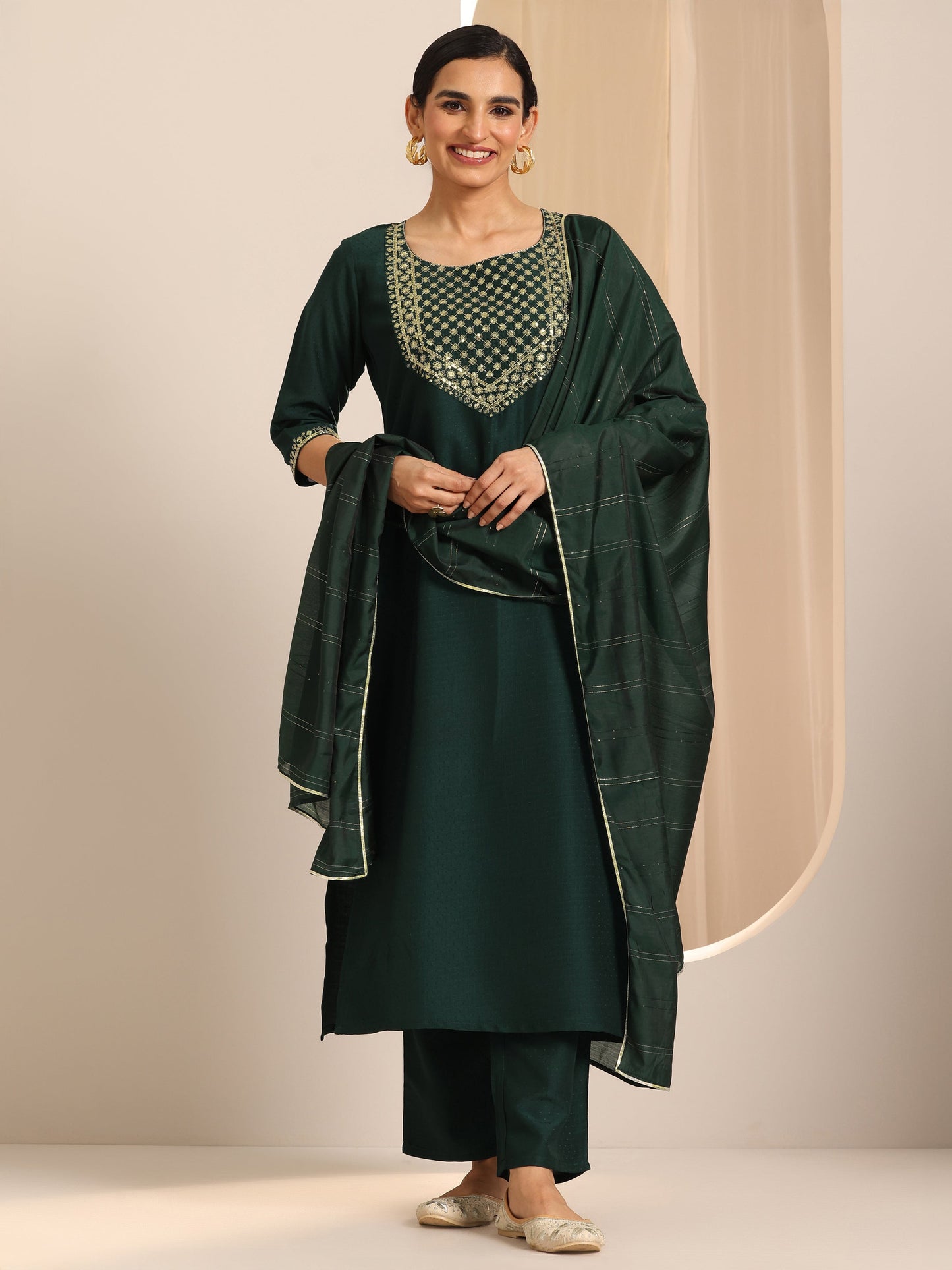 Bottle Green Yoke Design Silk Blend Straight Suit Set With Dupatta