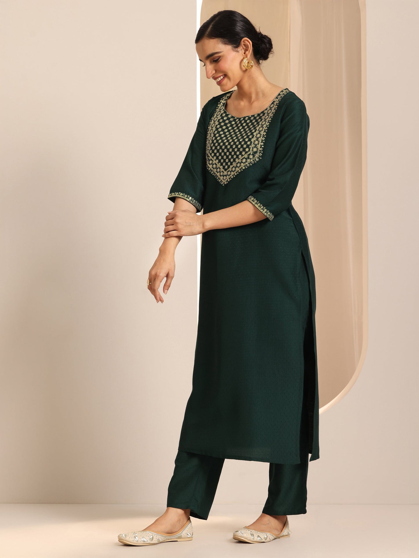 Bottle Green Yoke Design Silk Blend Straight Suit Set With Dupatta