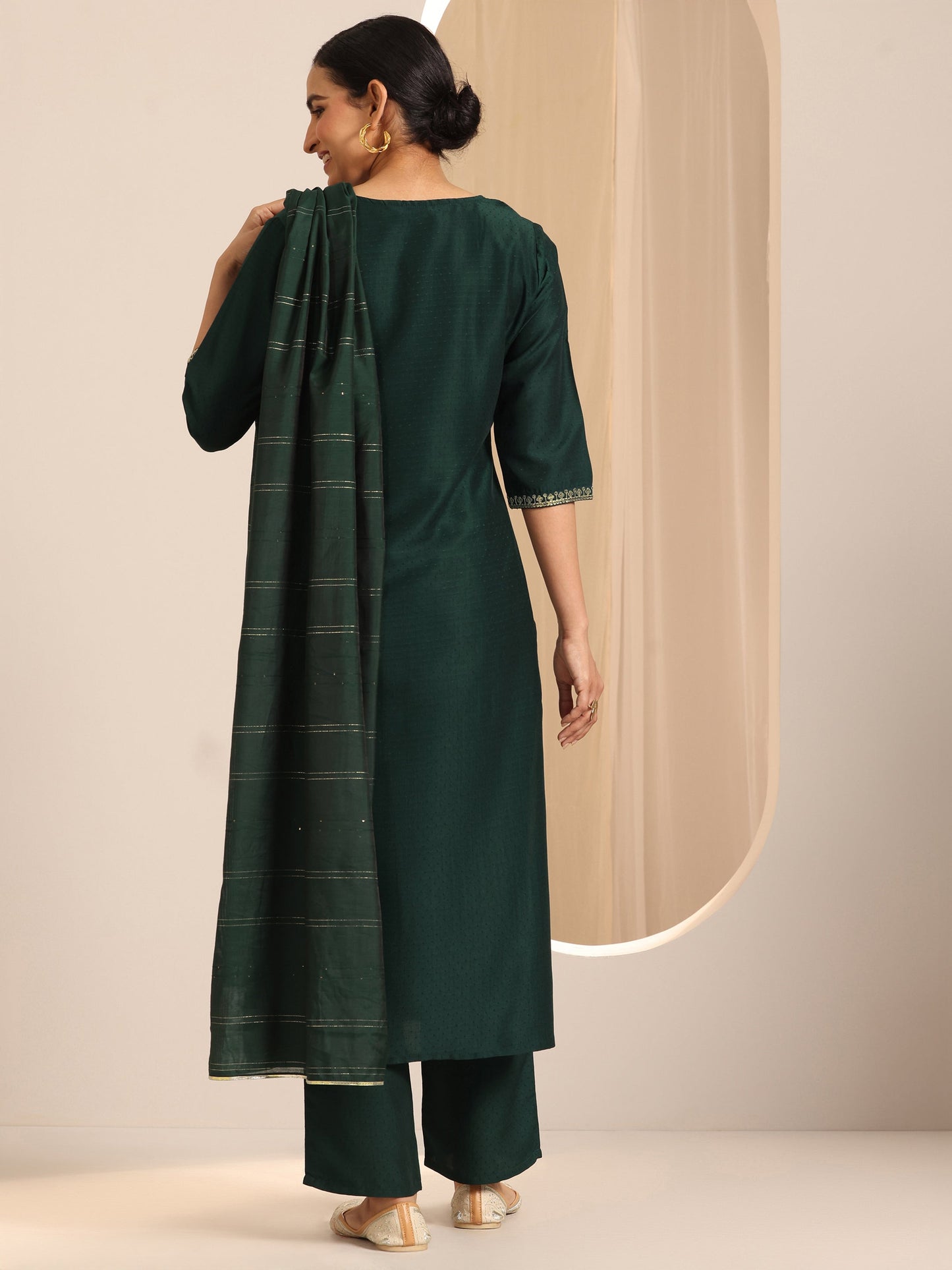 Bottle Green Yoke Design Silk Blend Straight Suit Set With Dupatta