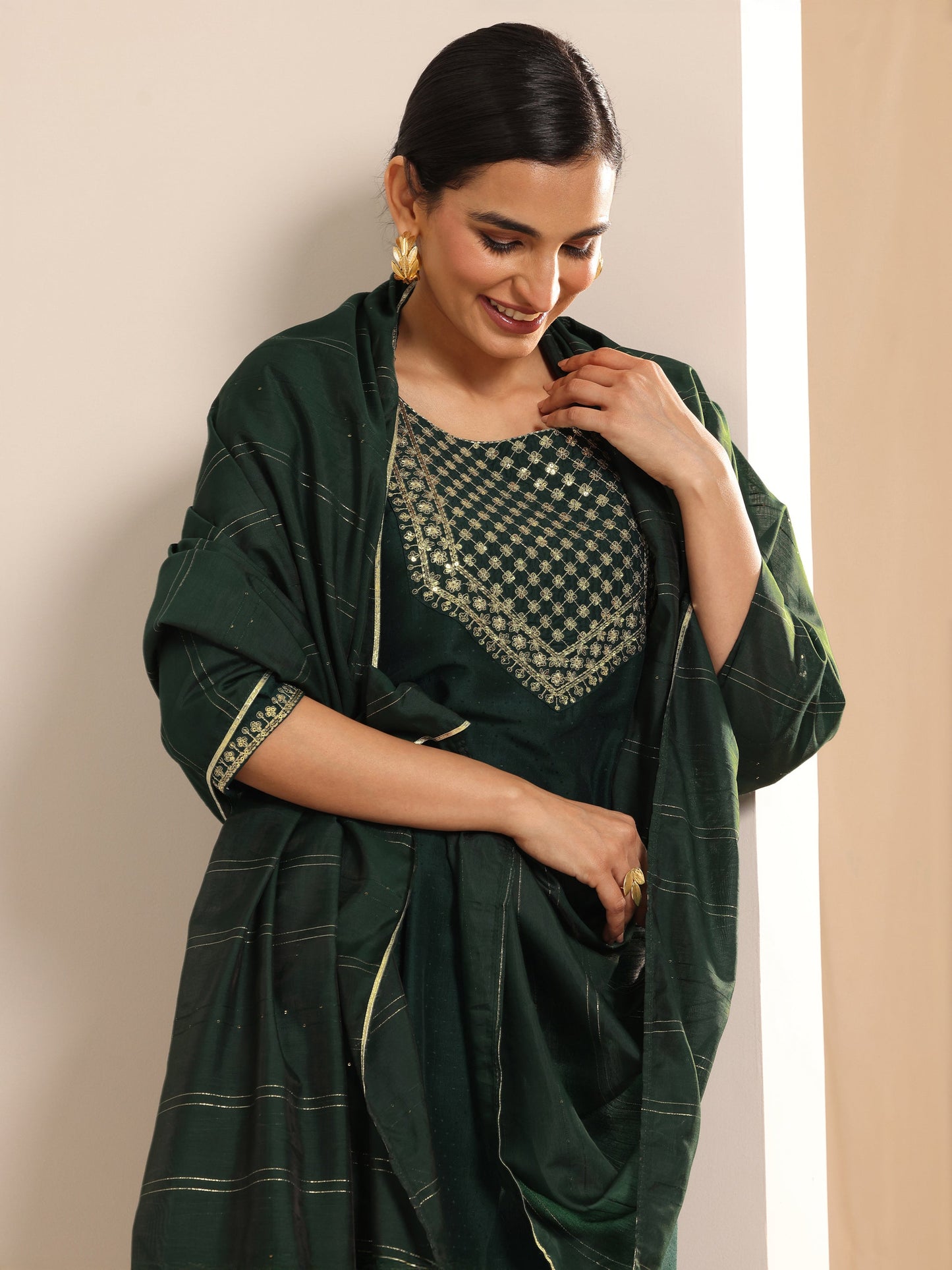 Bottle Green Yoke Design Silk Blend Straight Suit Set With Dupatta